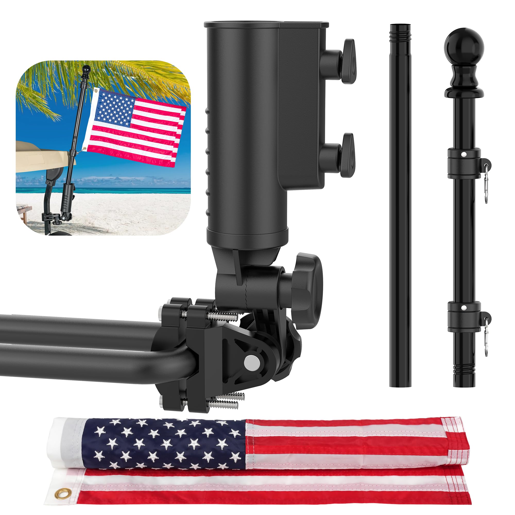 10L0L Golf Cart Flag Mount-Flag Holder Kit, 180 Degree Rotation Universal Compatible with Yamha EZGO Club Car Golf Cart Flag Pole with USA Flags