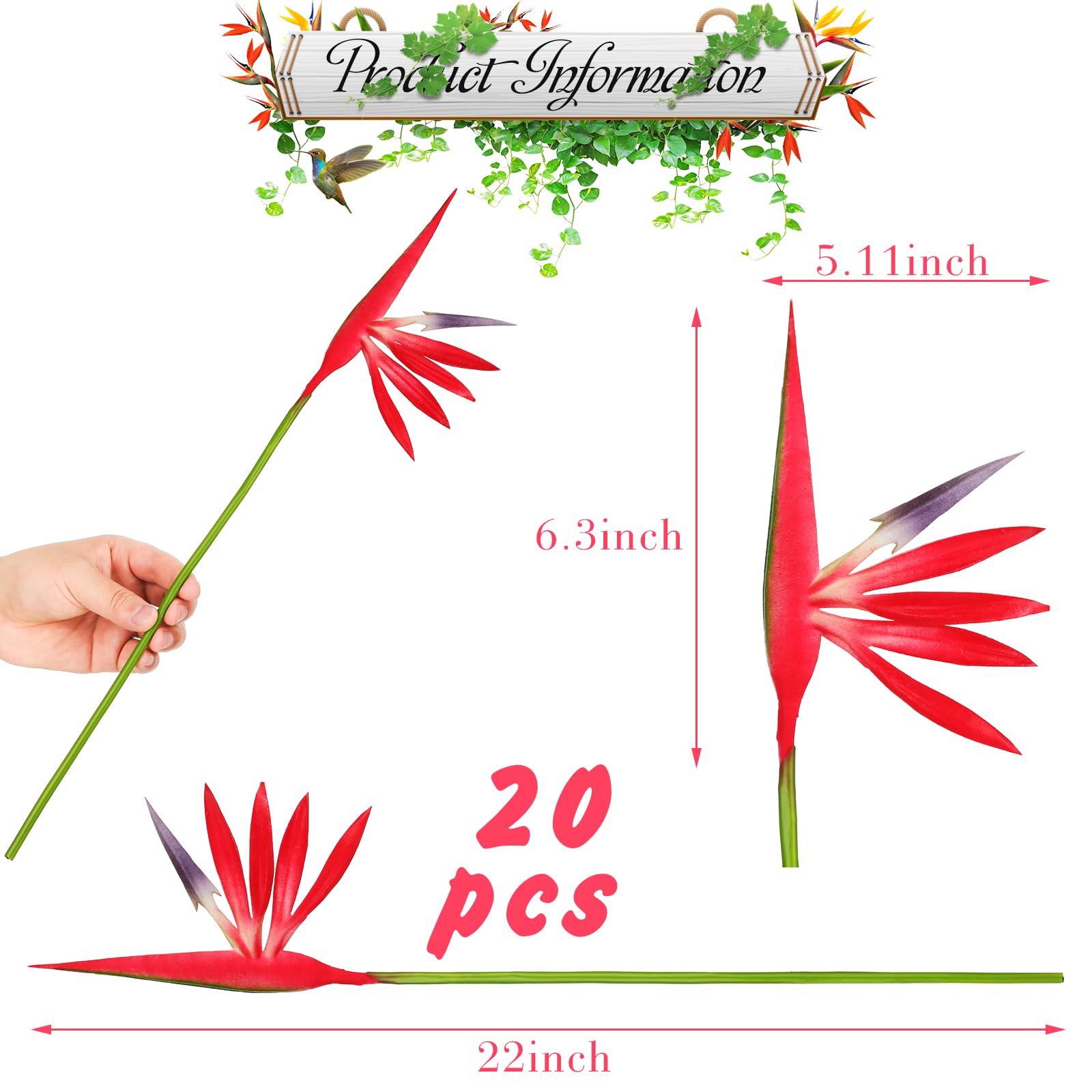 20 plantas artificiales de ave del paraíso de 22 pulgadas, ramo de flores tropicales hawaianas, flores artificiales, plantas verdes grandes y elegantes para decoración del hogar, jardín, 2
