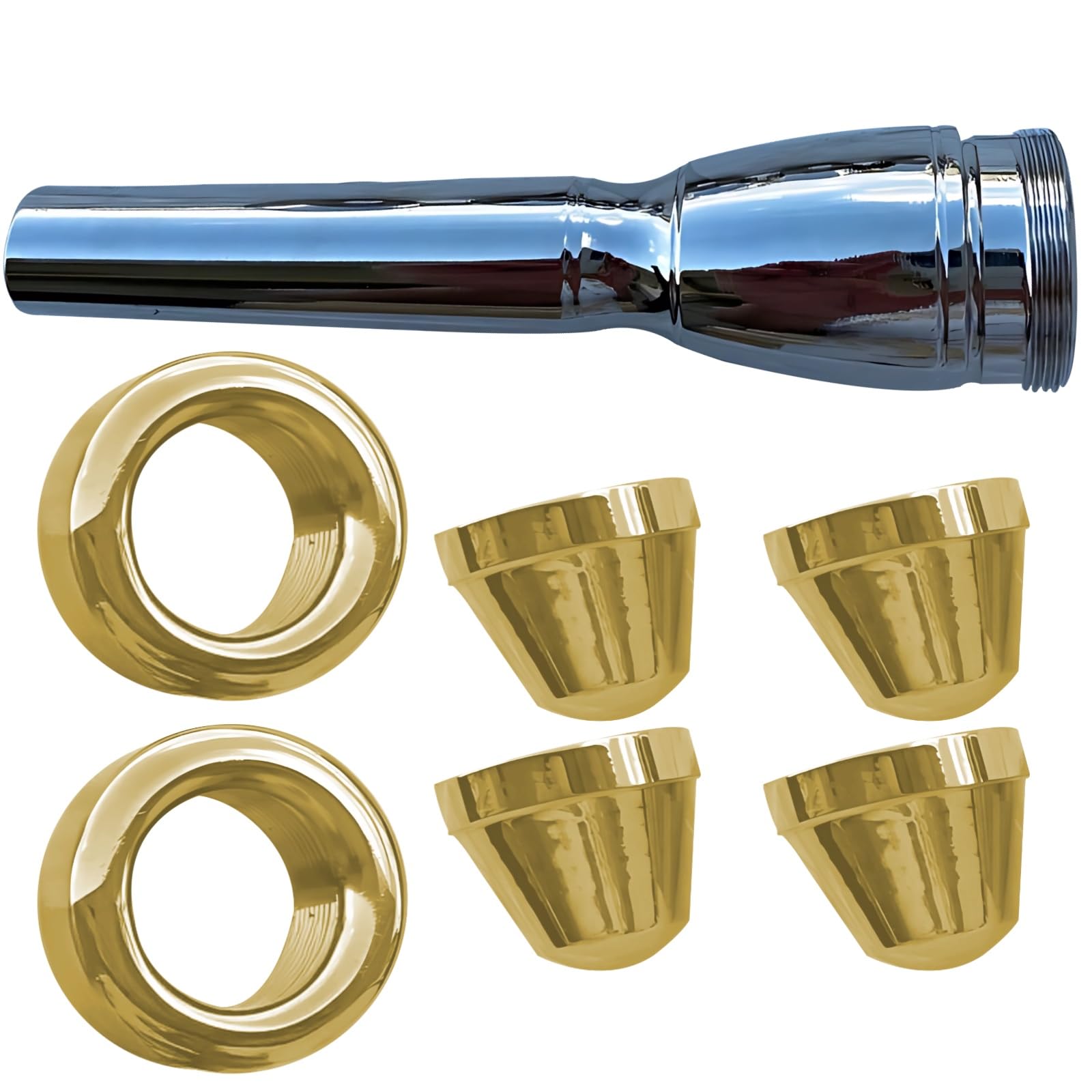 Set di 7 bocchini per tromba con placcatura in oro, include misure 3C 2C 3B 2B e 2 teste di ricambio, struttura in ottone, accessorio versatile per strumenti musicali per trombettisti