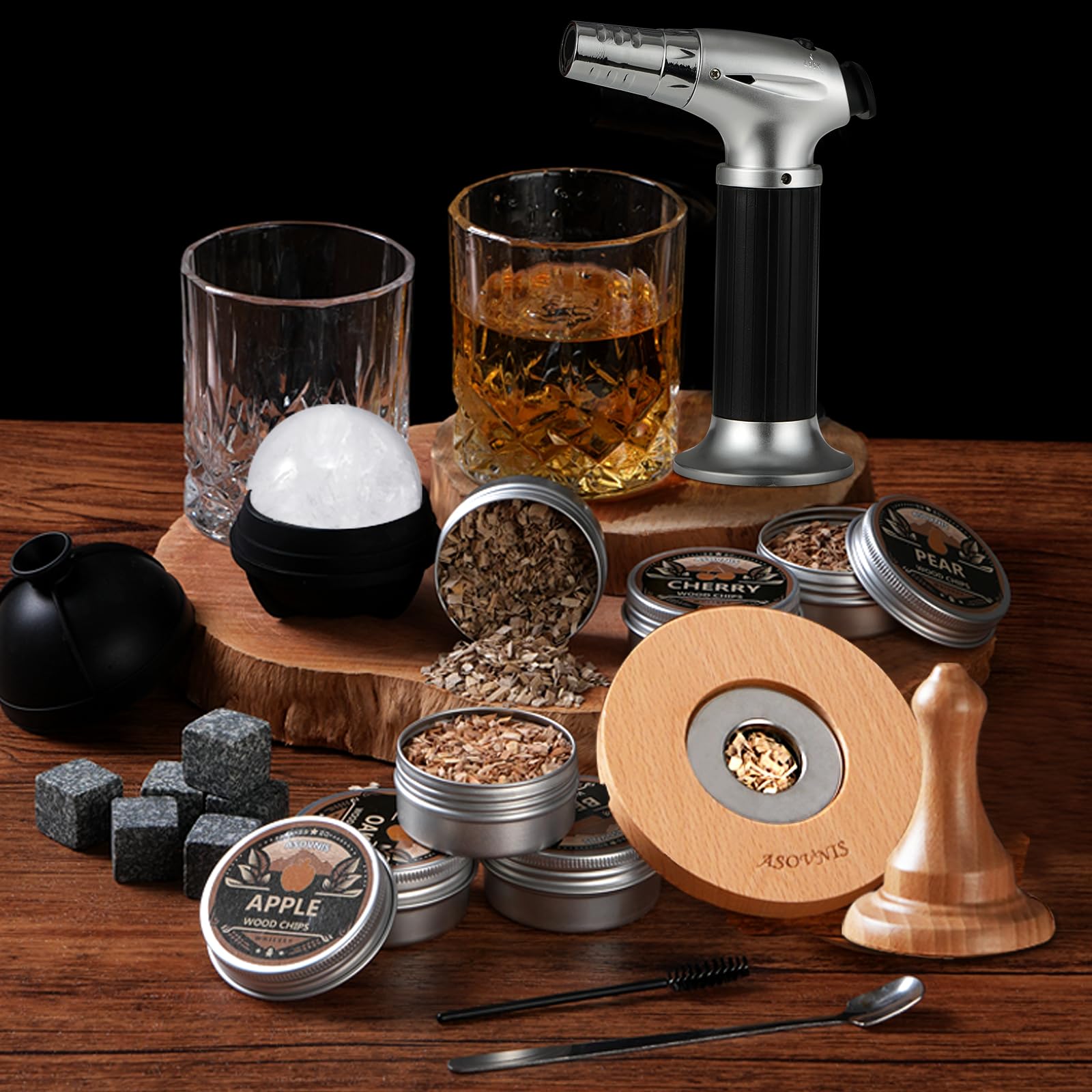 Kit affumicatore per whisky con torcia, 6 sapori di trucioli di legno, 2 bicchieri, 6 pietre, kit infusore per cocktail, bevanda vecchio stile, regalo di compleanno per uomini, papà (senza butano
