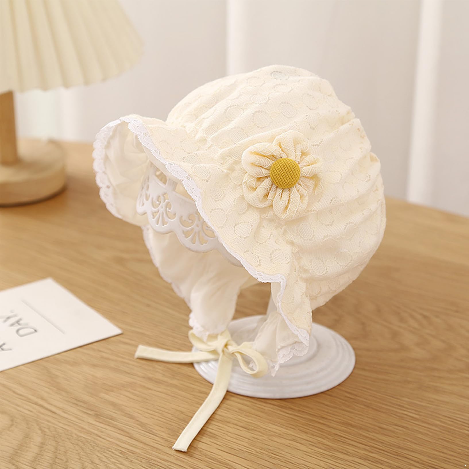 Kaerm Baby Girl Christening Bonnet Hat Toddler Kids Flower Lace Brimmed Party Hat Princess Photo Props Yellow One Size