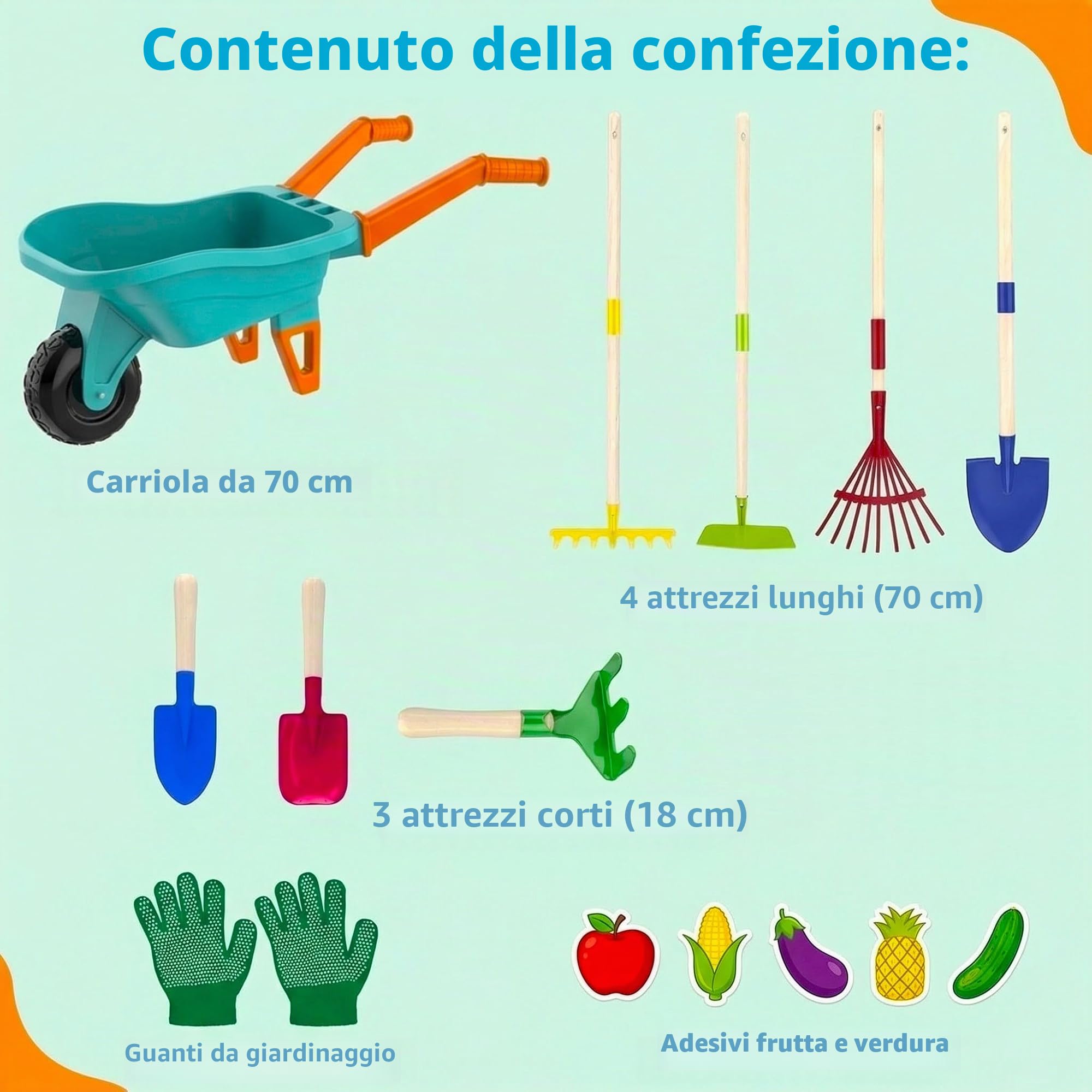 LATERN Set di Attrezzi da Giardinaggio per Bambini, 70CM Carriola con 70CM Metallo Pala Rastrello Zappa Foglie Rastrello 20CM Pala Rastrello Guanti per Esterni Giardino Cortile Prato Scavare Giocare