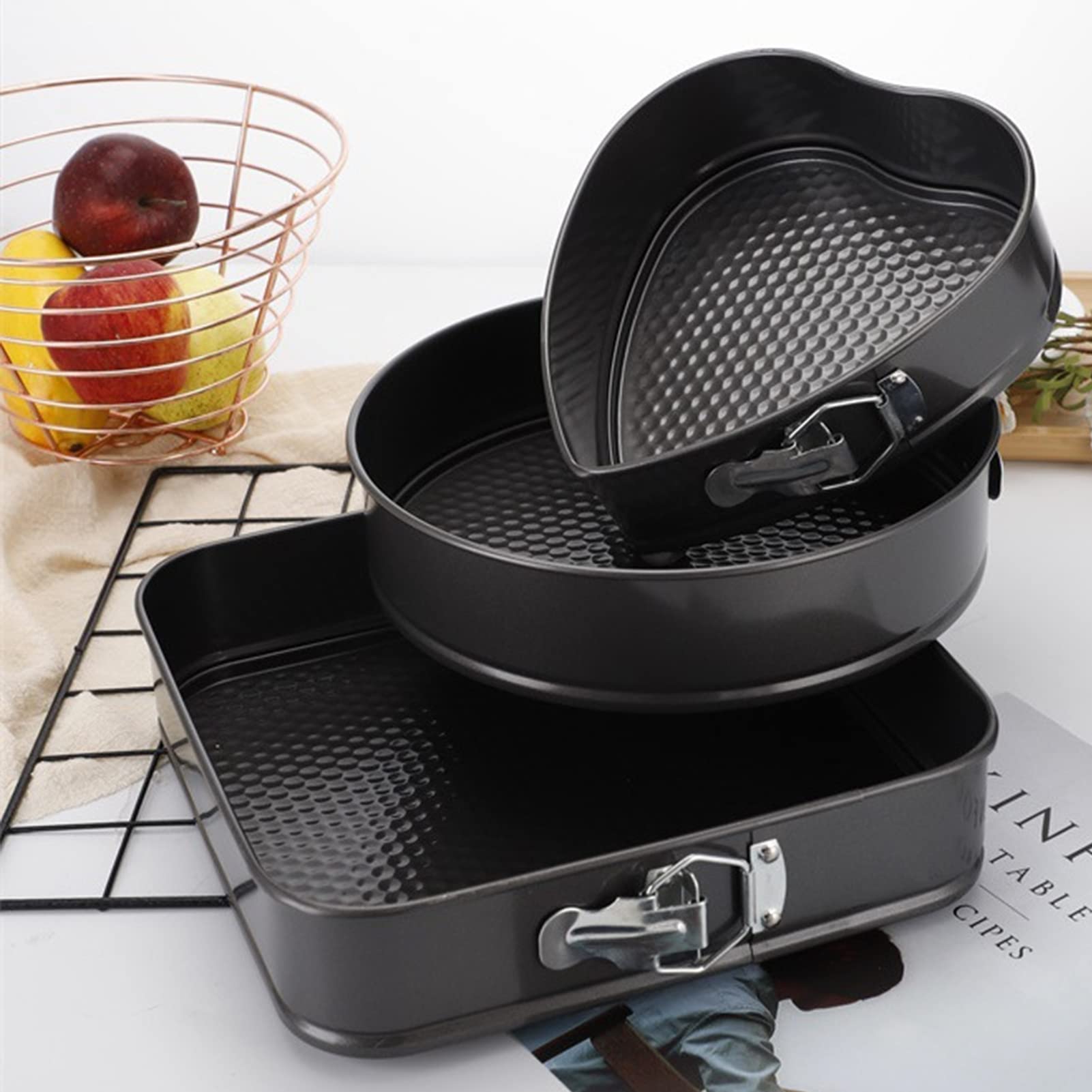 Molde para tartas de 3 piezas, de acero al carbono, molde para tarta con forma de corazón, redondo, cuadrado con fondo extraíble para hacer pasteles Pizza (M)