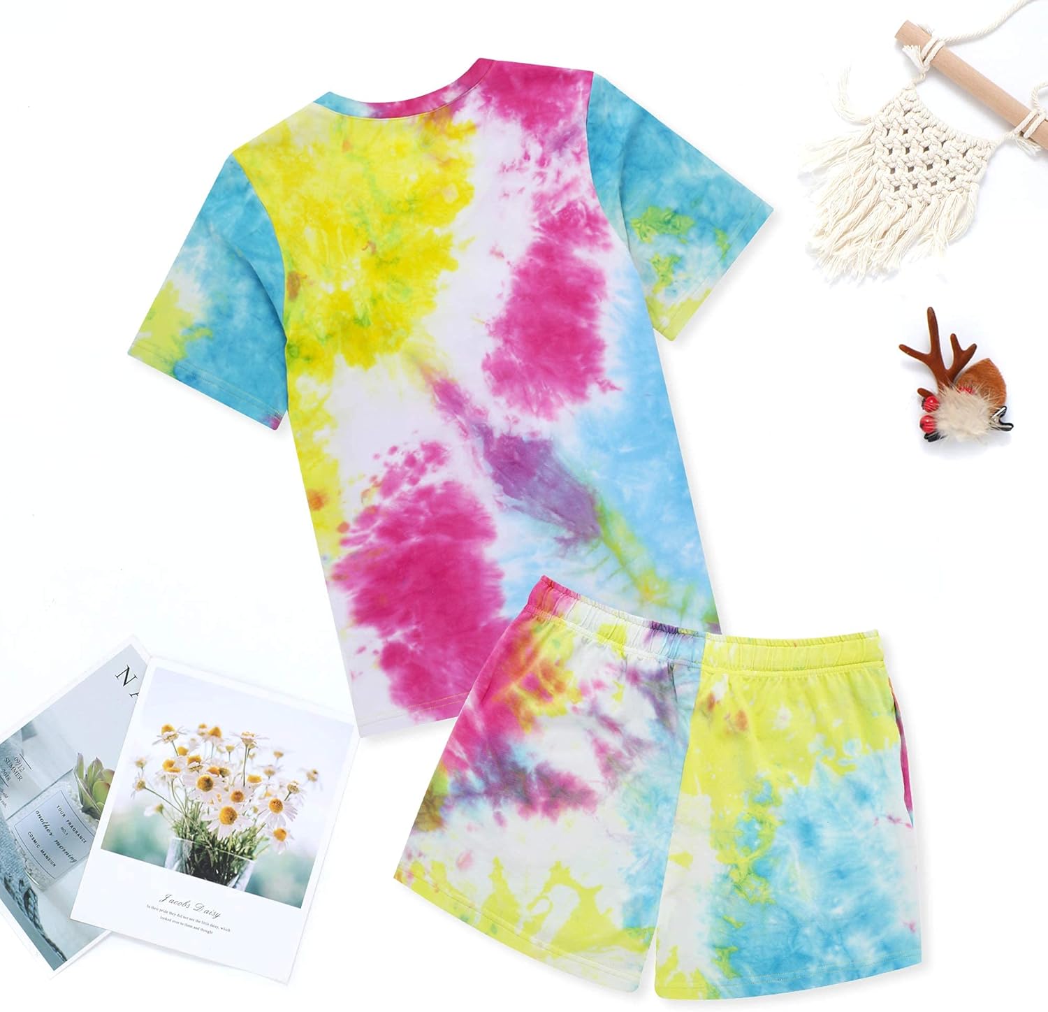 HEARTNICE Tie Dye Pajama Set for Women, Cotton Short Pajamas Soft lounge PJS with Embroidery Sleepwear(Multi-B, M)