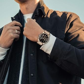 TIMEWHEEL メンズウォッチ ファッション クォーツ アナログ 自動日付 クロノグラフ ゴールドメッシュ ステンレススチール 防水腕時計, Gold, クロノグラフ。