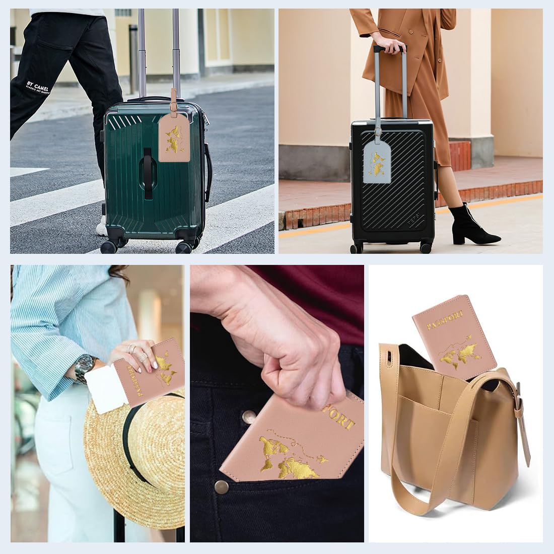 Set di 4 portapassaporti e targhette per bagagli, custodia per passaporto da viaggio francese, protezione con blocco RFID, carte d'imbarco,biglietti da visita, per uomini e donne (blu, rosa)