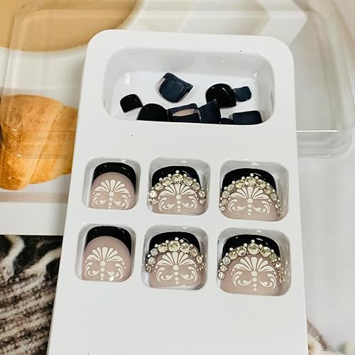 Miniatura 263 de Uñas postizas a presión con diseños de diamantes de imitación, uñas postizas reutilizables de cobertura completa con pestaña adhesiva, uñas postizas