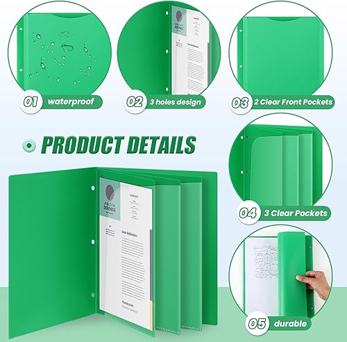Miniatura 3 de Qilery Carpetas de 6 bolsillos con 3 agujeros perforados, carpetas transparentes con bolsillo frontal transparente para carpetas de 3 anillos con