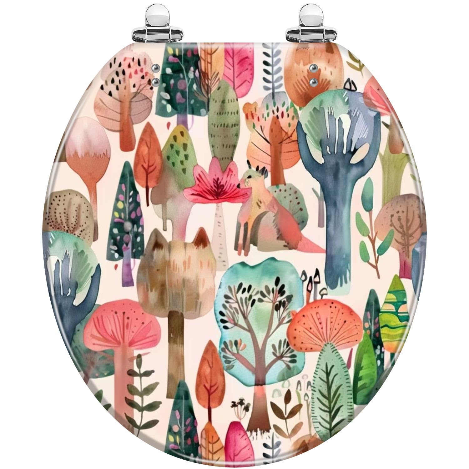 Round Toilet Seat Watercolor forest Cute seamless pattern autumn forest Creative Resin Toilet Seat Slow Quiet Close with Quick-Release Hinges Toilet Seat with Cover Easy to Clean Install