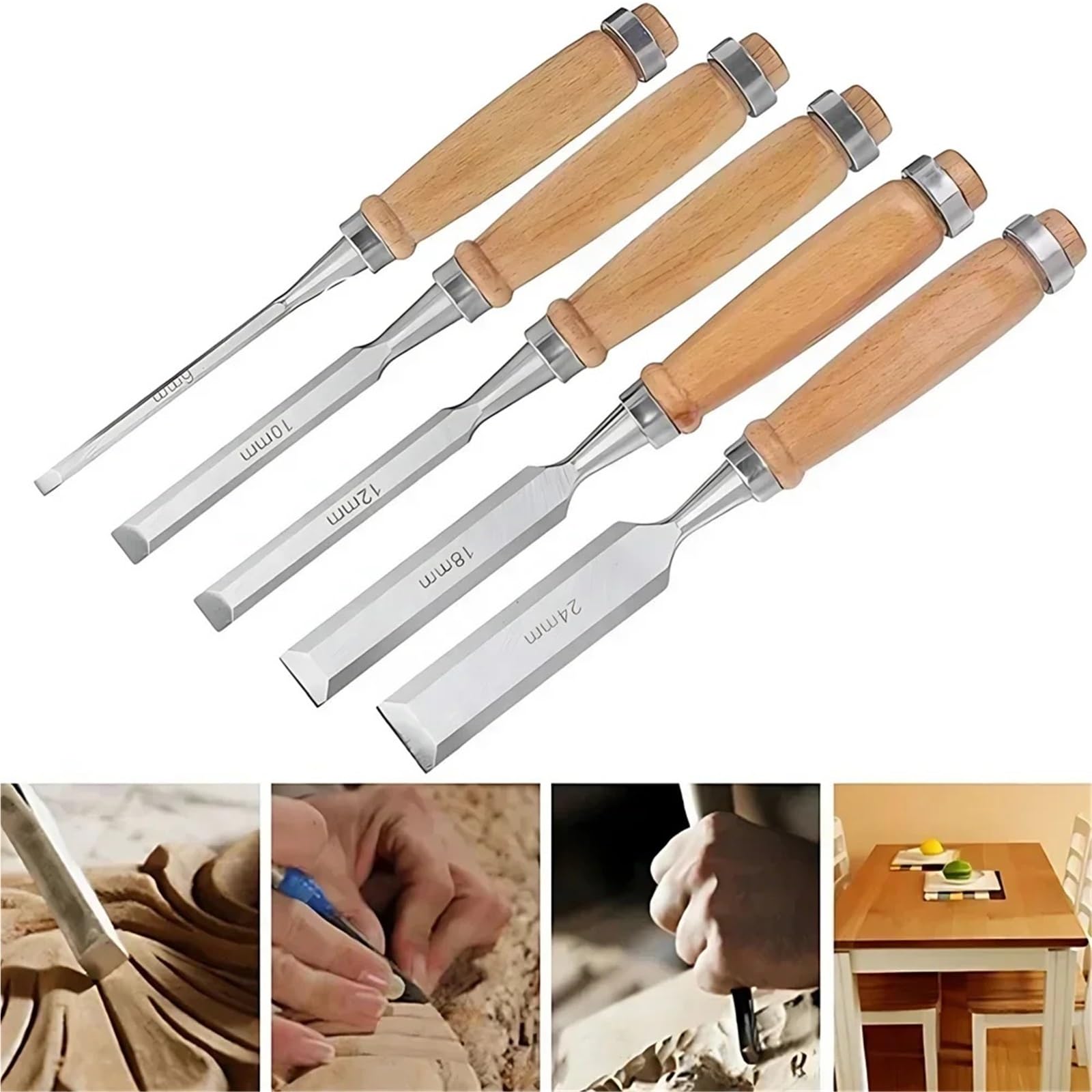 Herramientas Carpinteria Madera Juego De Cinceles De Madera, Cinceles Afilados De Acero Al Cromo-vanadio For Tallar Madera con Mangos De Haya(5pcs)