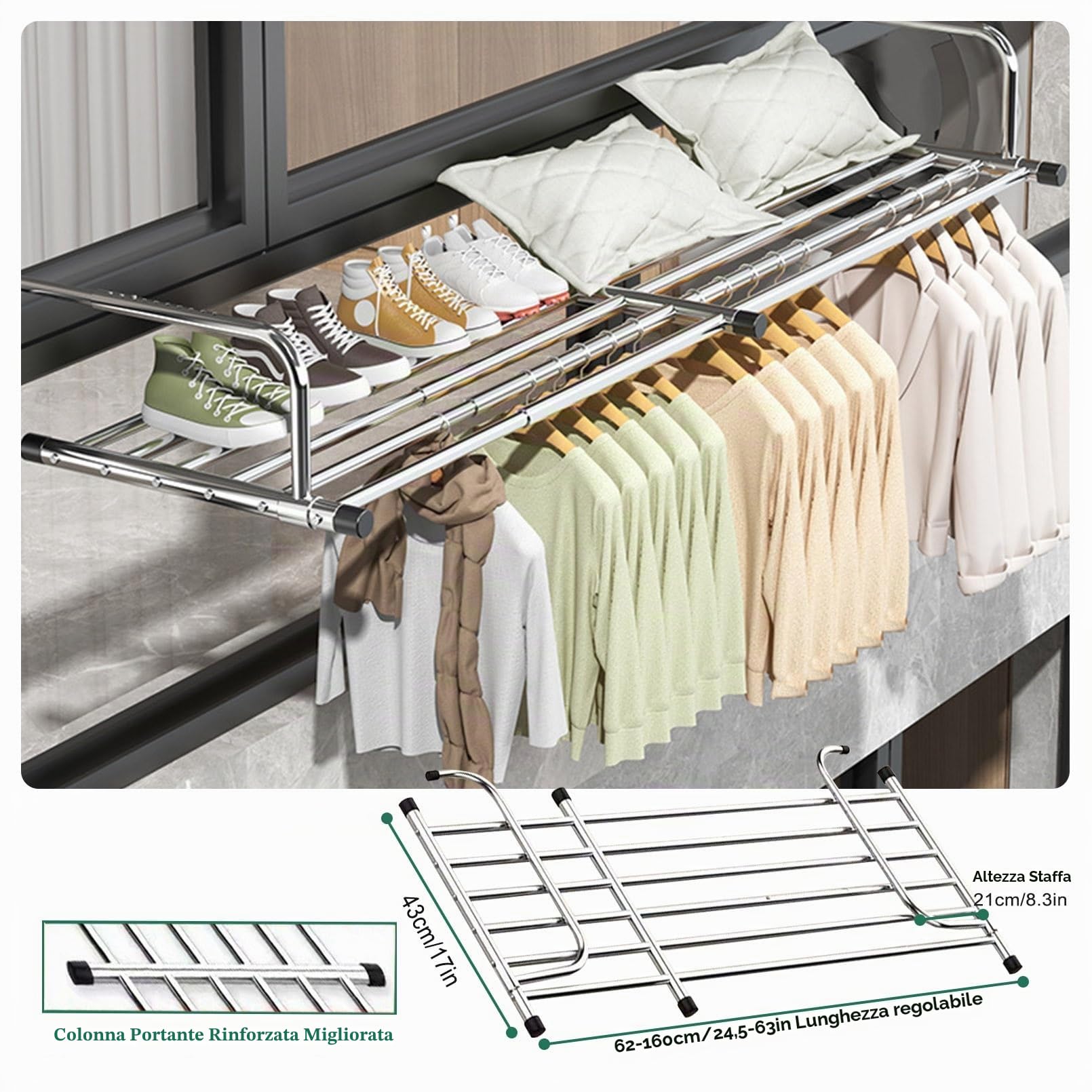 Stendino da Balcone in Acciaio Inox Allungabile per Uso Interno ed Esterno, Per Vestiti e Scarpe, Mit Verstärkungsleiste, 10-Loch-Verstellung, Stendibiancheria (86-160cm)