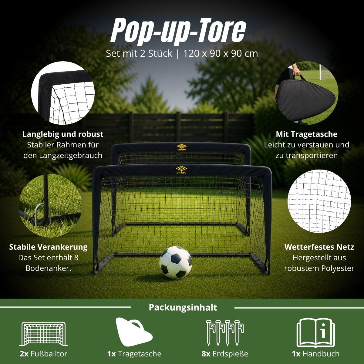 Umbro Fußballtor 50 x 44 x 44 cm - Fußballtore Set von 2 - Faltbares Fussballtor - Fussballtore für Garten Kinder