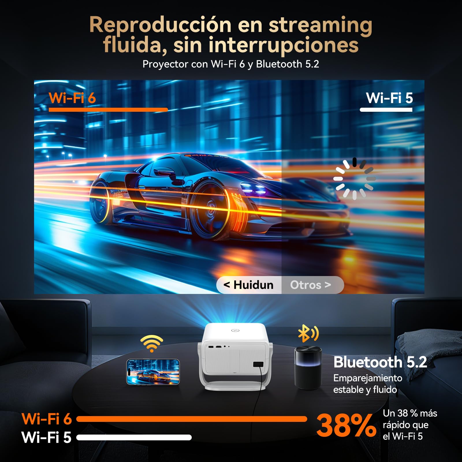 Proyector Portatil 4K con Compatible Netflix y Soporte de 360°, Enfoque y Corrección Trapezoidal Automática, WiFi 6 Ultra Rápido, Bluetooth, Cine en Casa para Smartphone/PS5/Laptop