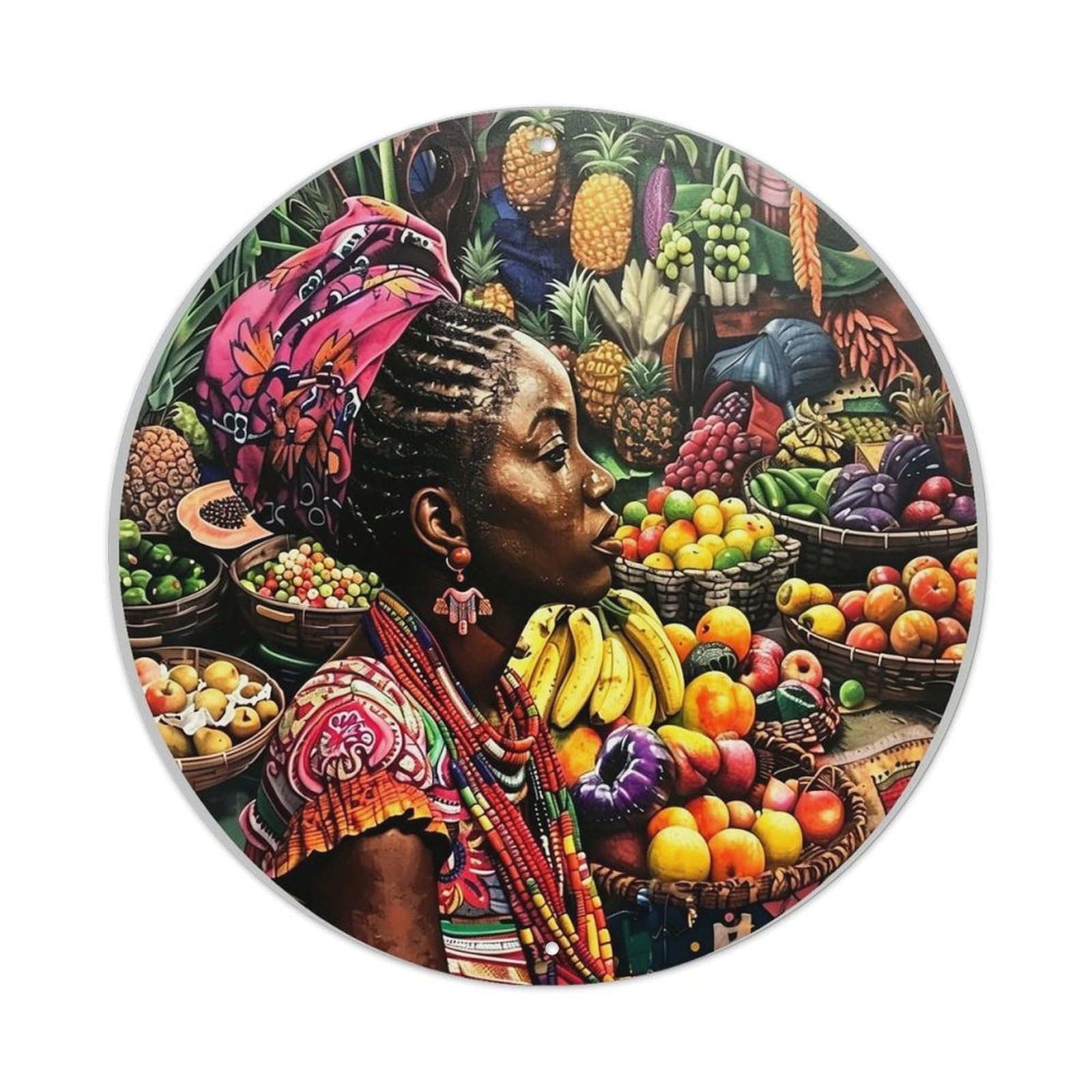 Colorful Tropical Fruit Market Scene Round Metal Tin Sign Vintage Wall Decor, Bar Garage Cafe Kitchen Home Wall Art Poster 8x8inches