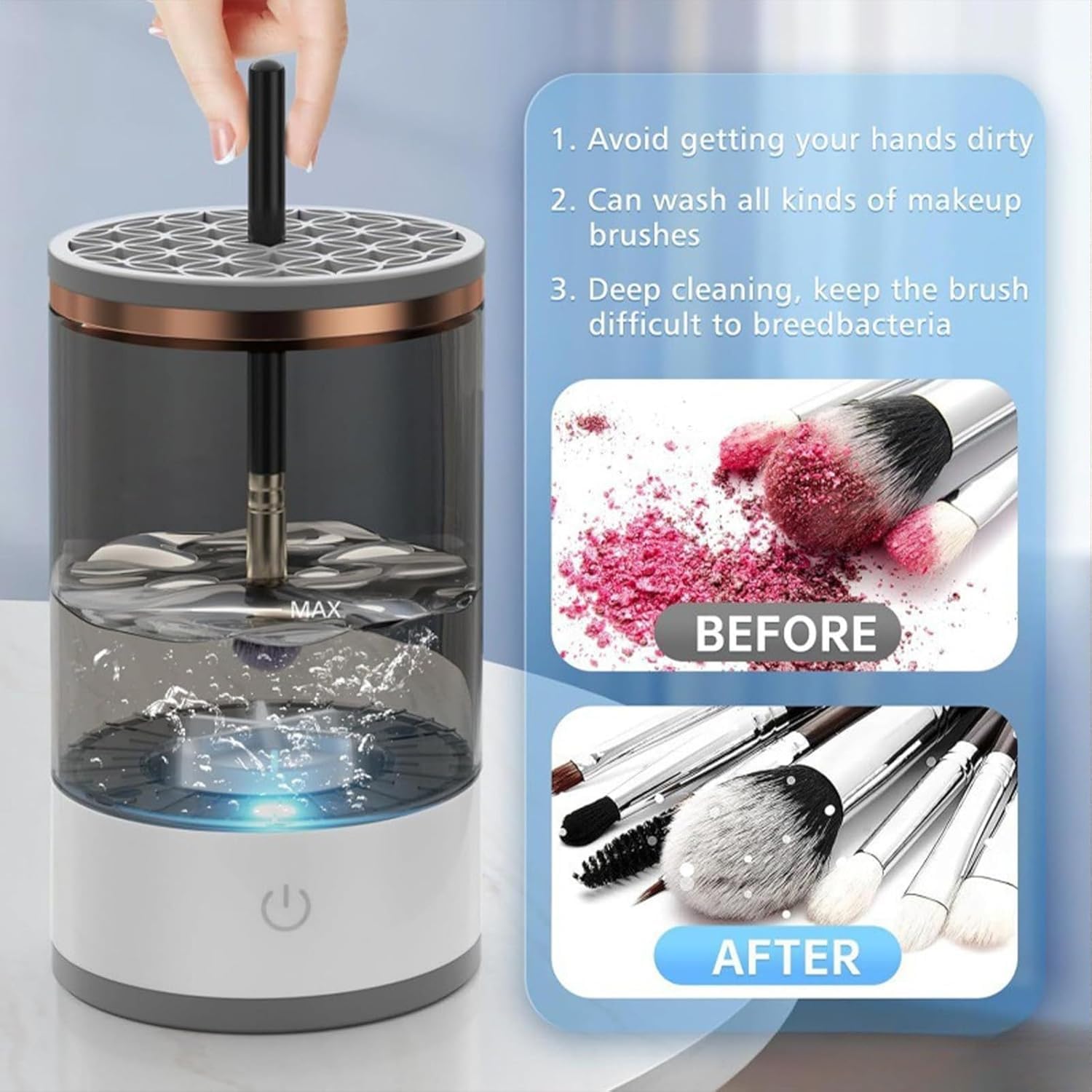 Portable Automatic Makeup Brush Cleaner Machine - Deep Cleans All Types, Compact for Travel & Home Use, Beige