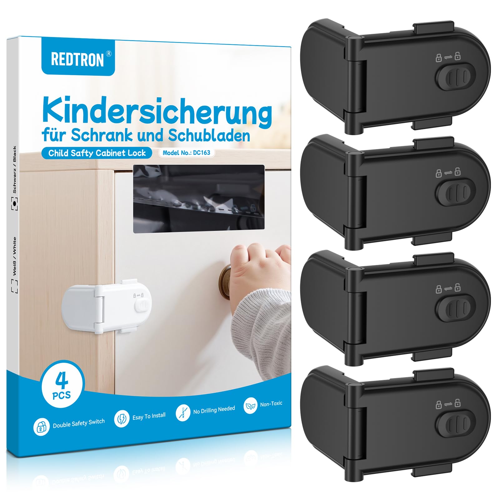 REDTRON Serrature per di sicurezza per bambini con doppio interruttore di sicurezza (4 pezzi, nero), blocca cassetti per bambini, facili da installare con adesivo 3M