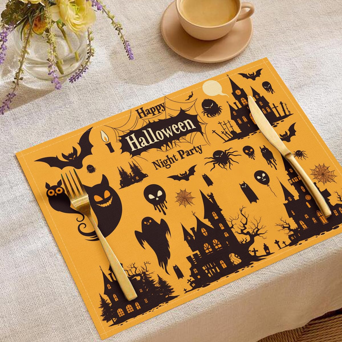 Set de table Halloween lot de 6 lavable 45x30 cm orange design d'araignée décoratif pour cuisine
