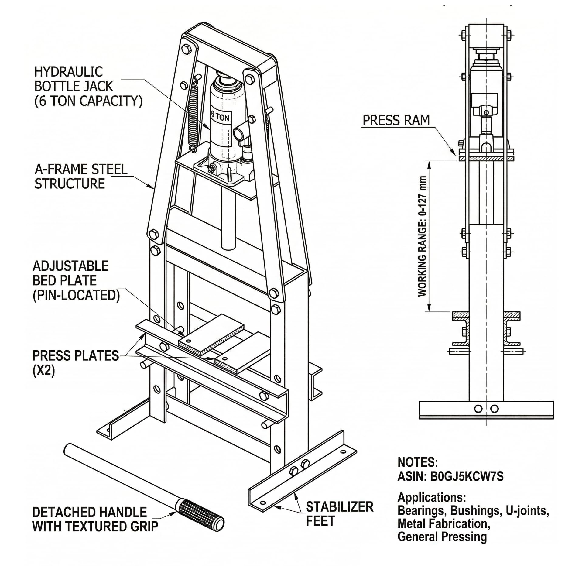 KATSU Tools Pressa idraulica da officina da 6 tonnellate, telaio ad A, tavolo da lavoro regolabile in altezza, per uso automobilistico, lavorazione dei metalli e garage, modello 161315
