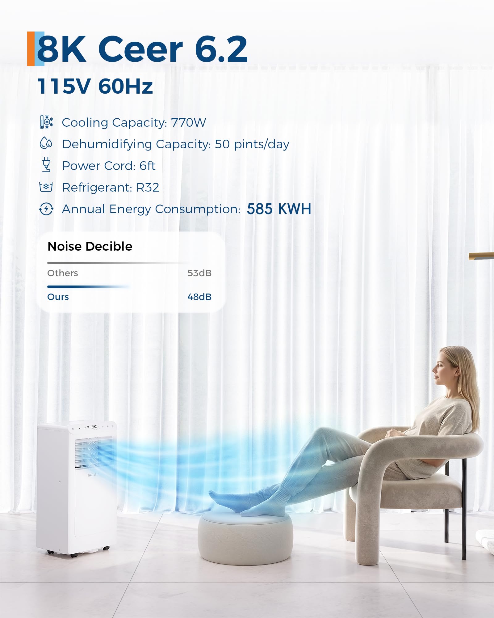 Garvee 8000 BTU Aire acondicionado portátil, hasta 350 pies cuadrados Mando a distancia 48dB unidad de CA portátil, deshumidificador, ventilador, sueño, temporizador de 24 horas y kit de instalación