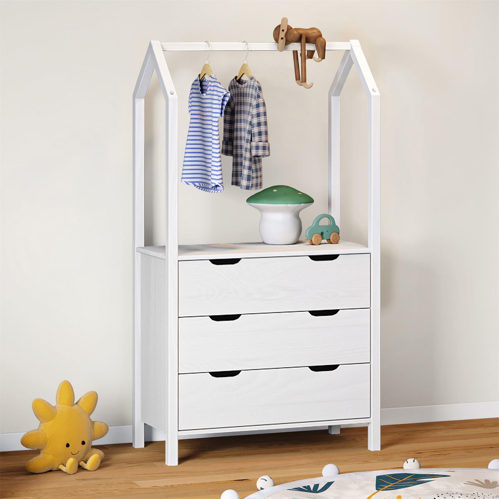 IDIMEX Kinderzimmer Kommode Amira mit Kleiderstange in Hausform - weiß, 3 Schubladen, integrierte Kleiderstange, Stauraum für Kleidung, Spielzeug, Bücher, Kiefernholz