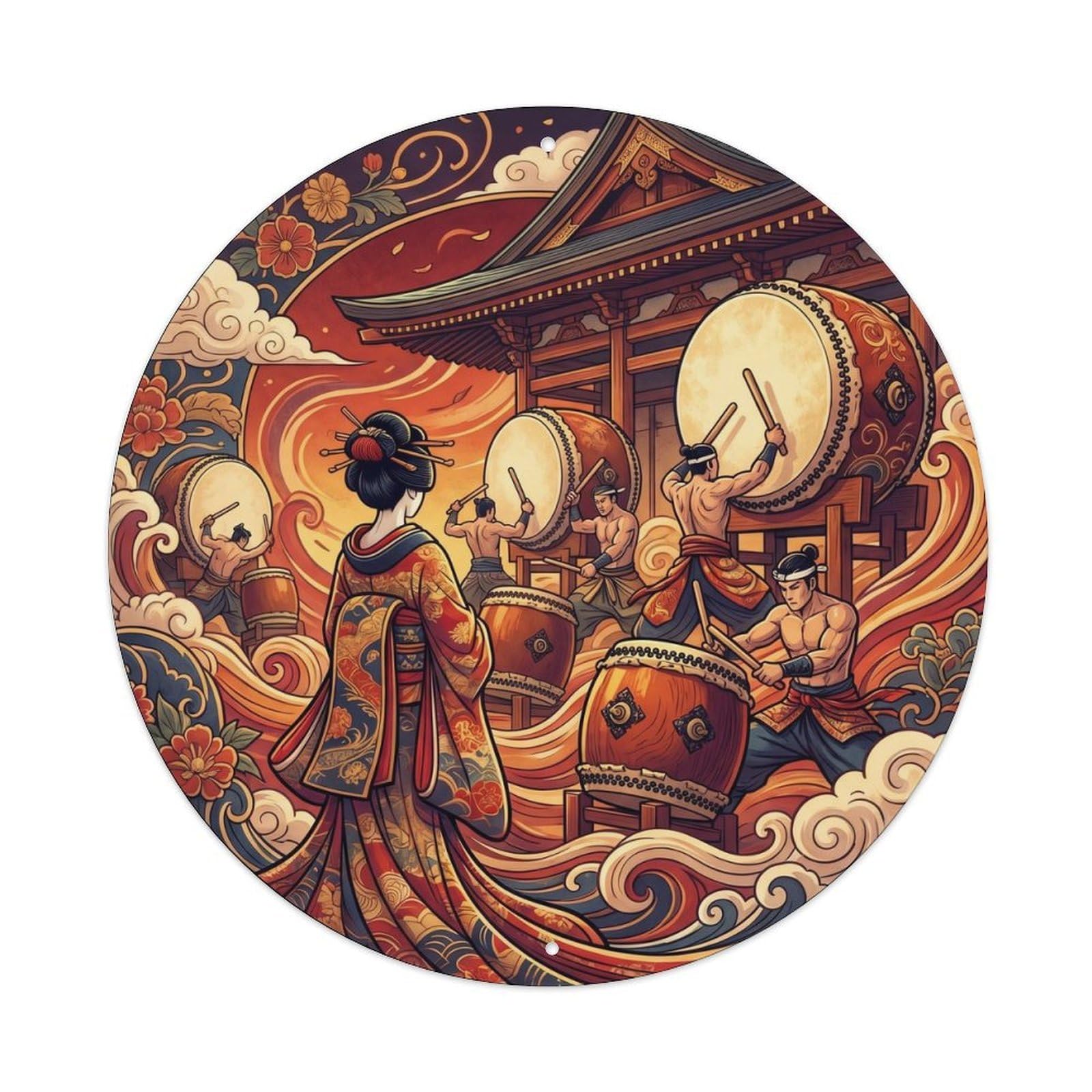 Galvaxio Style Japanese Kimono Woman Watching Taiko Drums Performance Metal Tin Sign