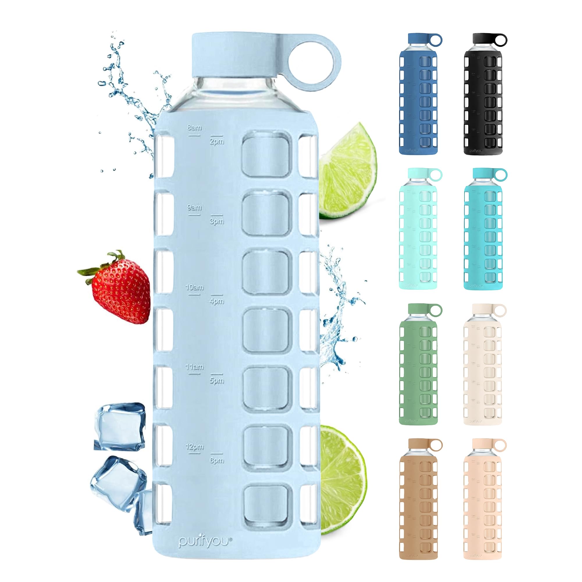 purifyou Premium Glaswasserflaschen - 102/81/56/355ml - wiederverwendbare Flasche mit Zeit- und Volumenmarkierungen - Silikonhülle und Edelstahldeckel f