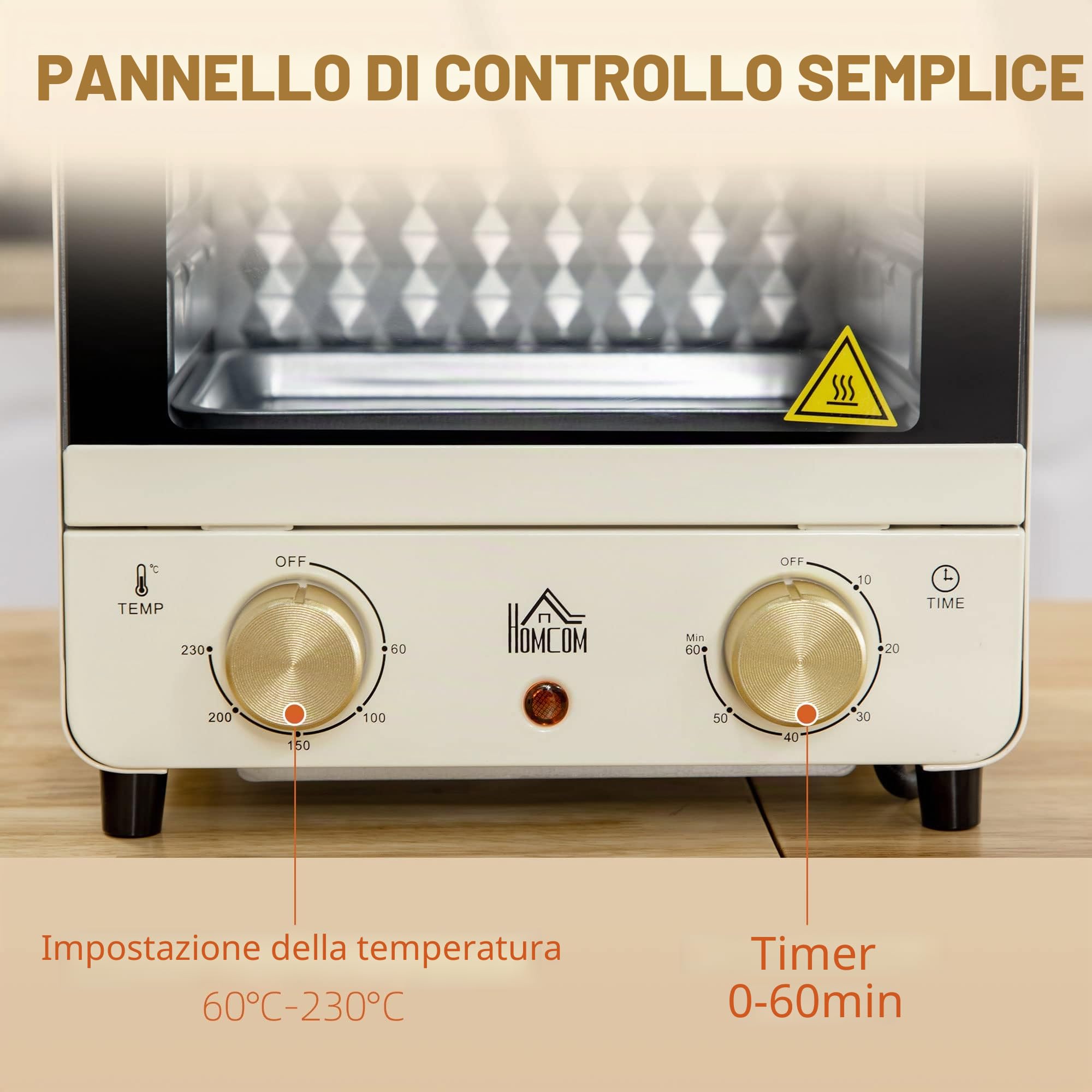 HOMCOM Mini forno 15L, forno per pizza a convezione, 1000 W Mini forno elettrico con set di teglie, vassoio per le briciole, timer di 1 ora, 60-230℃, bianco crema