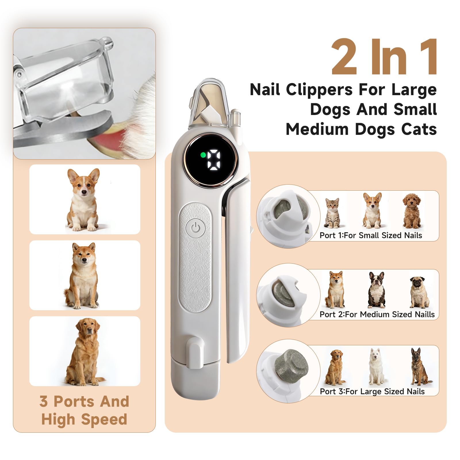 2-in-1 Dog Cat Nail Grinder & Clipper with LED Light, Pet Nail Clippers for Large Medium Puppy Dogs Ultra Quiet, Dog Cat Nail Trimmers with Splash Guard, Electric Dog Cat Claw Care File (White) - image 4