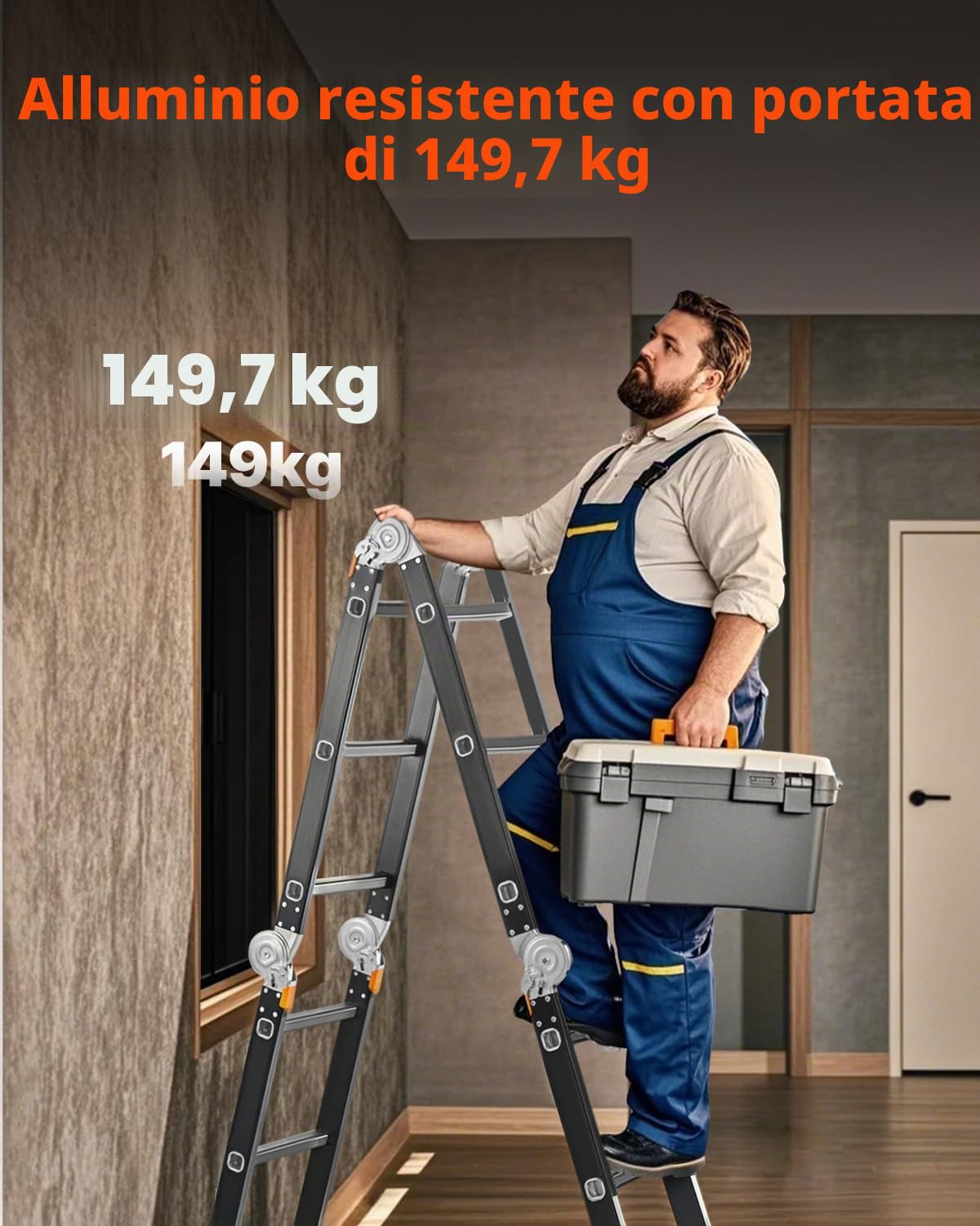 VEVOR Scala Pieghevole Multiuso, Scala a Pioli Estensibile Alta, Struttura a A con 3 Gradini e Scala Telescopica per Ponteggi, Altezza 3,7 m, Scala per Impieghi Gravosi, Capacità 149,7 kg per Casa