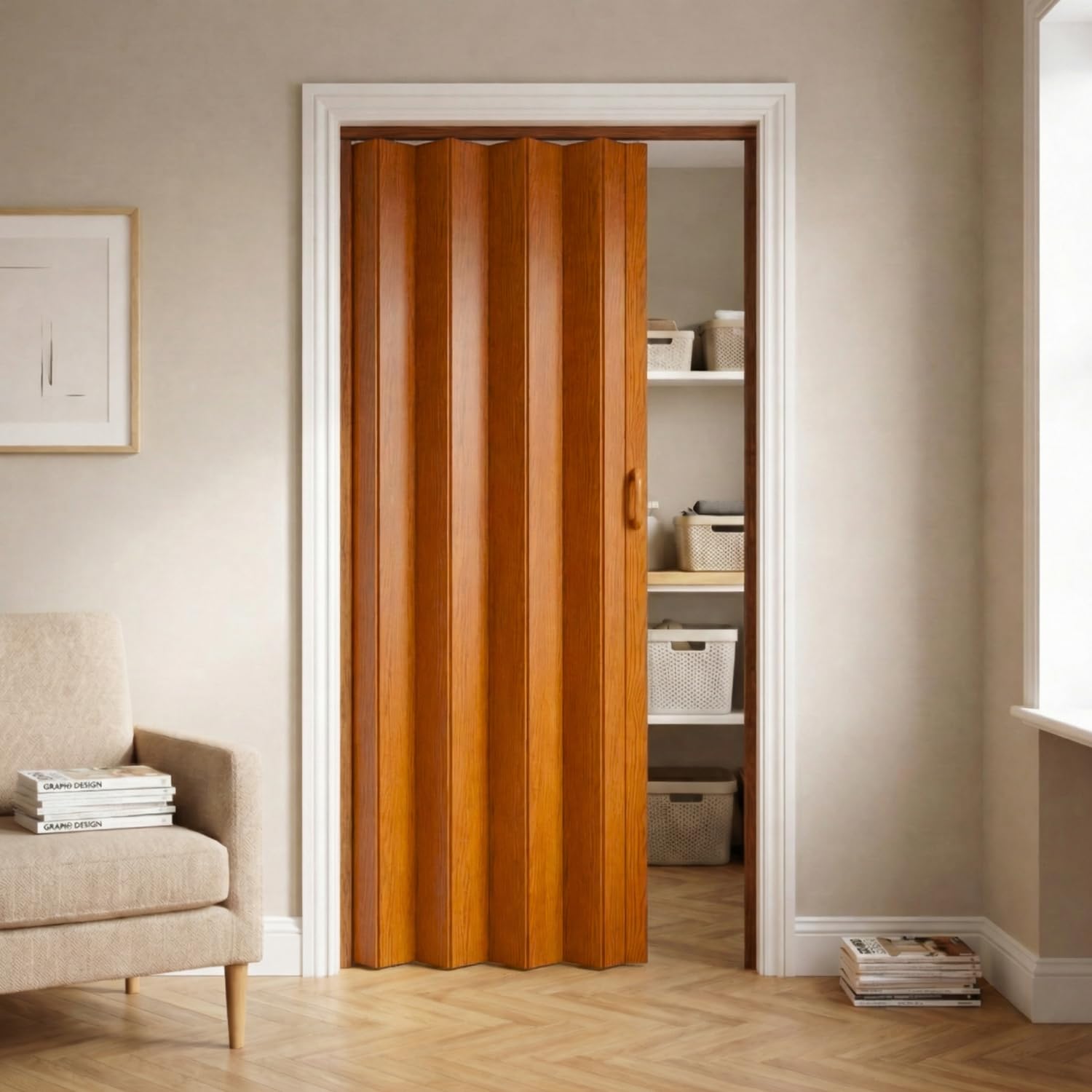 NOVECRAFTO PVC Folding Door, 32 x 80 in – Smooth Glide, Magnetic Closure, Moisture-Resistant, Easy Installation, Space-Saving – Wood Effect Concertina Accordion Sliding Door (Gunstock Oak)