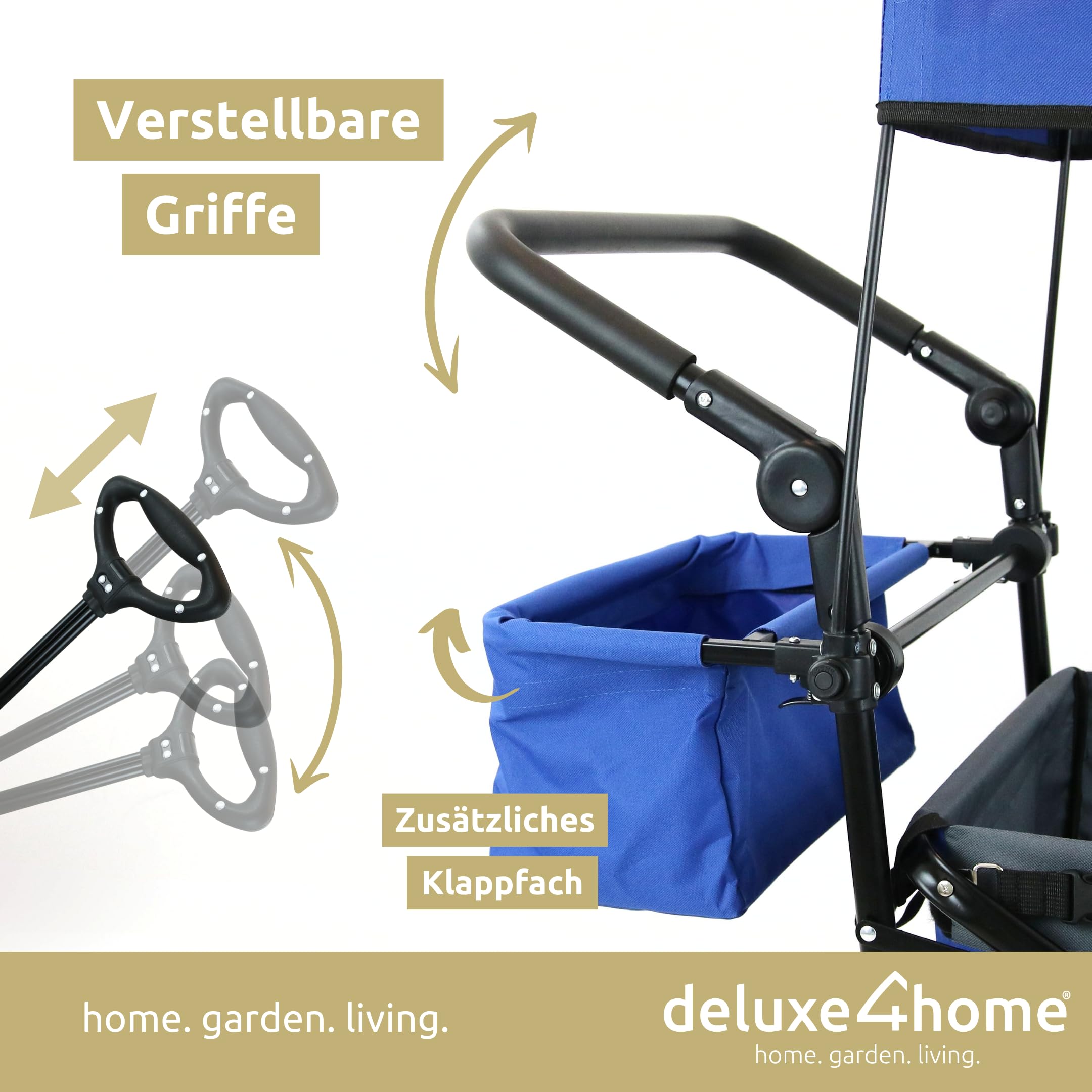 Bollerwagen Faltbar mit Dach Blau/Grau I Mit 360° Reifen & Bremsen I Handwagen Transportwagen 100L I Campingwagen Trolley bis 120kg I Drehbarer Griff