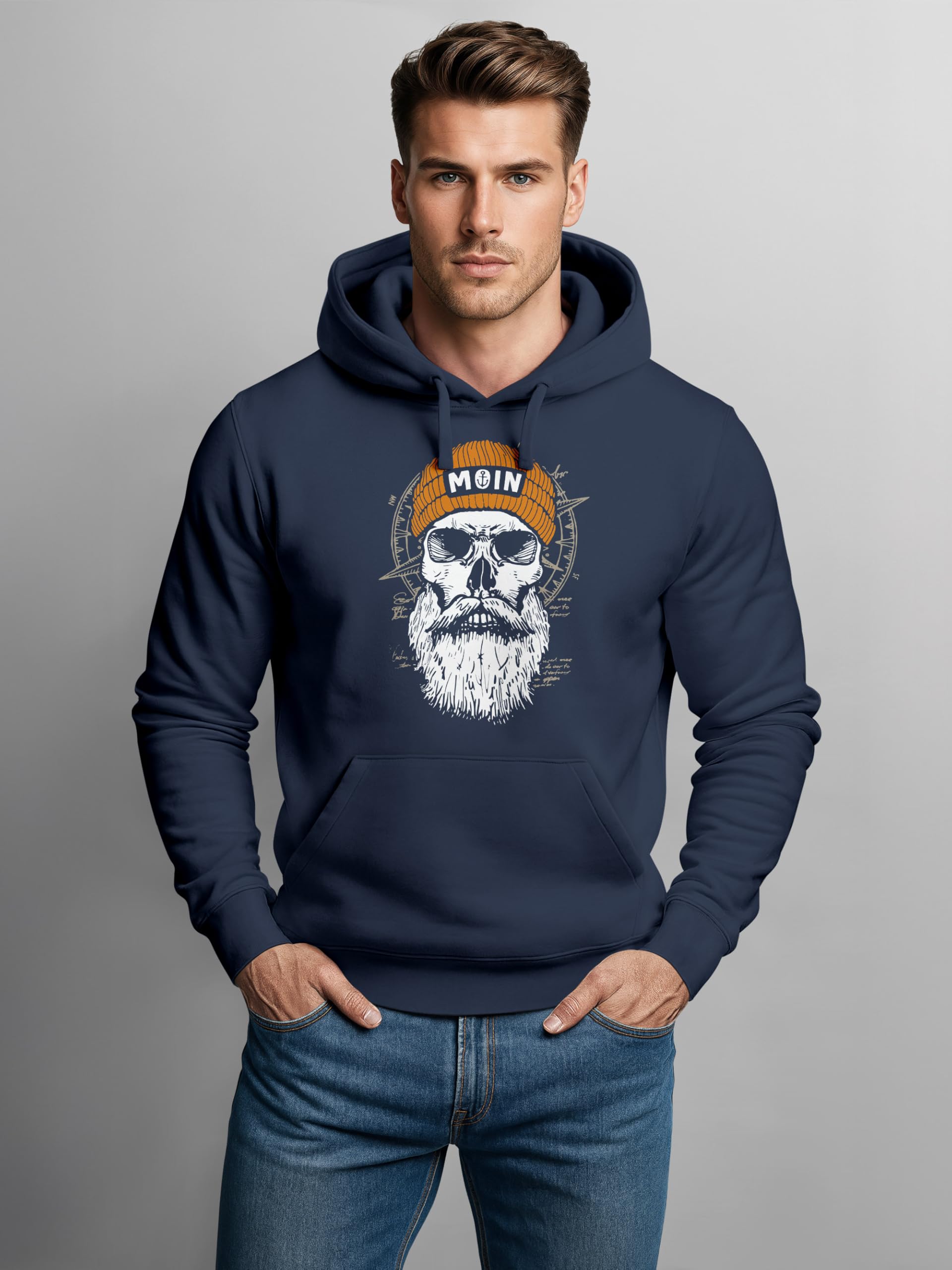 Neverless® Sudadera con capucha para hombre Moin Skull Windrose Brújula Calavera Estampado Frontal Hombres Moda Estilo Calle