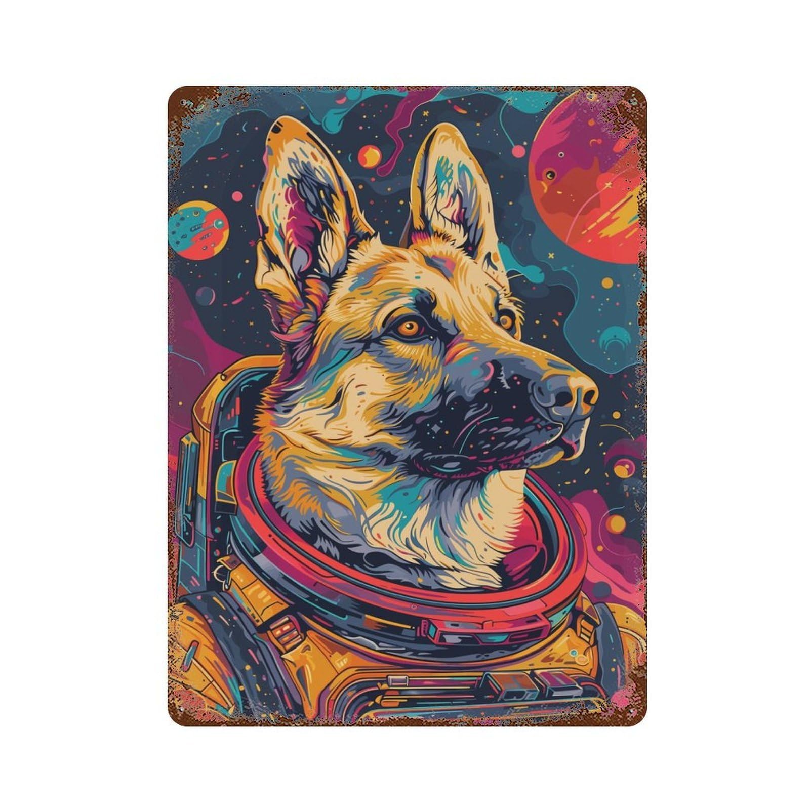 German Shepherd Astronaut 15.7"x11.8" Aged Metal Wall Plaque, Retro Wall Decor for Farmhouse, Kitchen And Entryway Decor