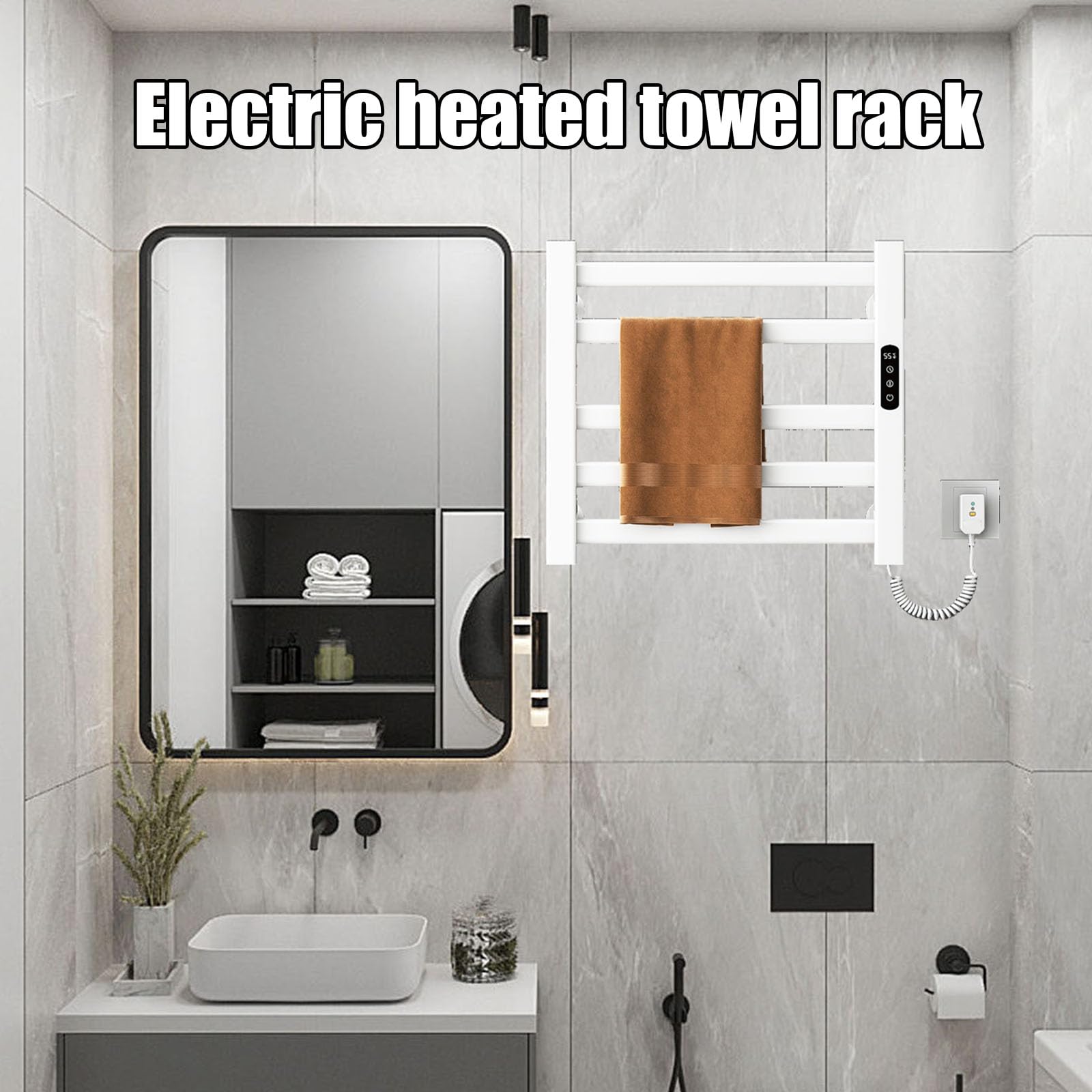 Portasciugamani riscaldato ad alta efficienza energetica con timer, da parete, scaldasalviette riscaldato a parete, scaldasalviette plug-in 5 barre per bagno, bianco, linea sinistra, linea