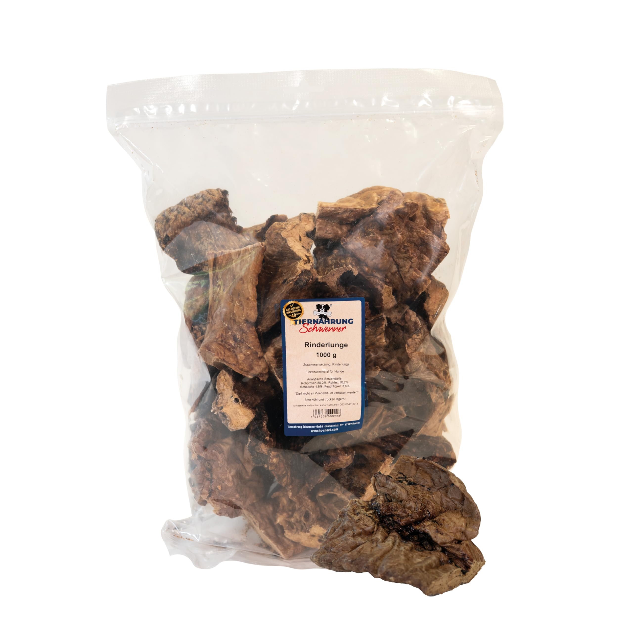 Tiernahrung Schwenner Rinderlunge getrocknet – Hundeleckerli aus Trockenfleisch, Hunde Snacks, Trainingsleckerli Hund, Kauartikel Hund groß & klein – 1000g