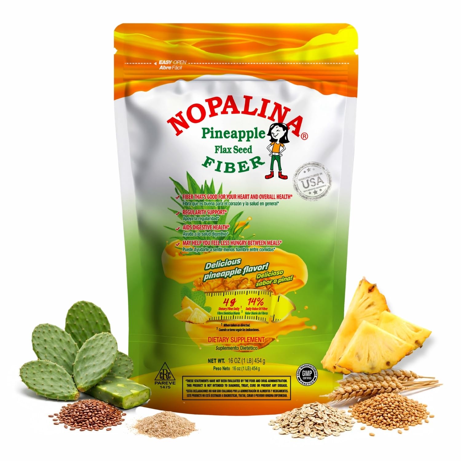 Nopalina Suplemento de Fibras com Linhaça, Psyllium, Farelo de Aveia e Trigo, Ômega 3, 6 e 9, 454 g