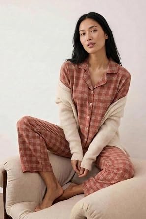 Kad n Pijama Tak m , Pembe, Ekoseli, Flanel Dokuma, K l k, 2 Par a