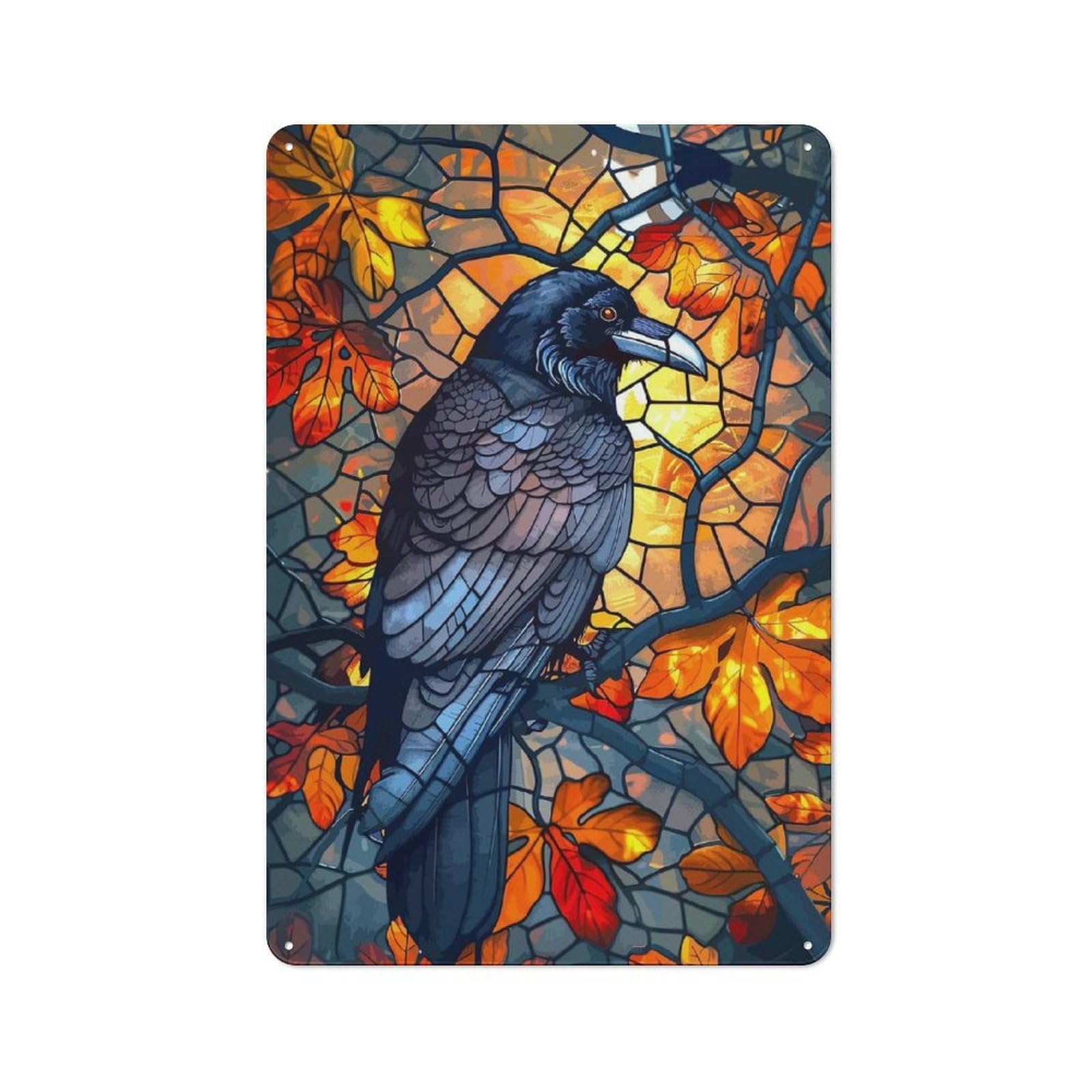 Junmoney Raven In Autumn Stained Glass Rustic Tin Sign 30X20cm Featuring For Bar Or Restaurant, A Housewarming Gift For Bar Decor Enthusiasts
