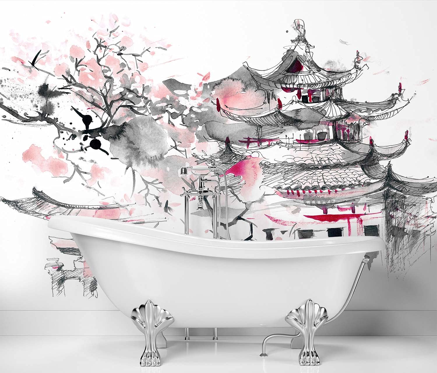 Feeby Photo Murale Intisse Japon Aquarelle 350x245 cm rose Déco Murale Tableaux Muraux À La Maison Chambre à Coucher, Salon, Chambre D'amis Pagode Fleur De Cerisier