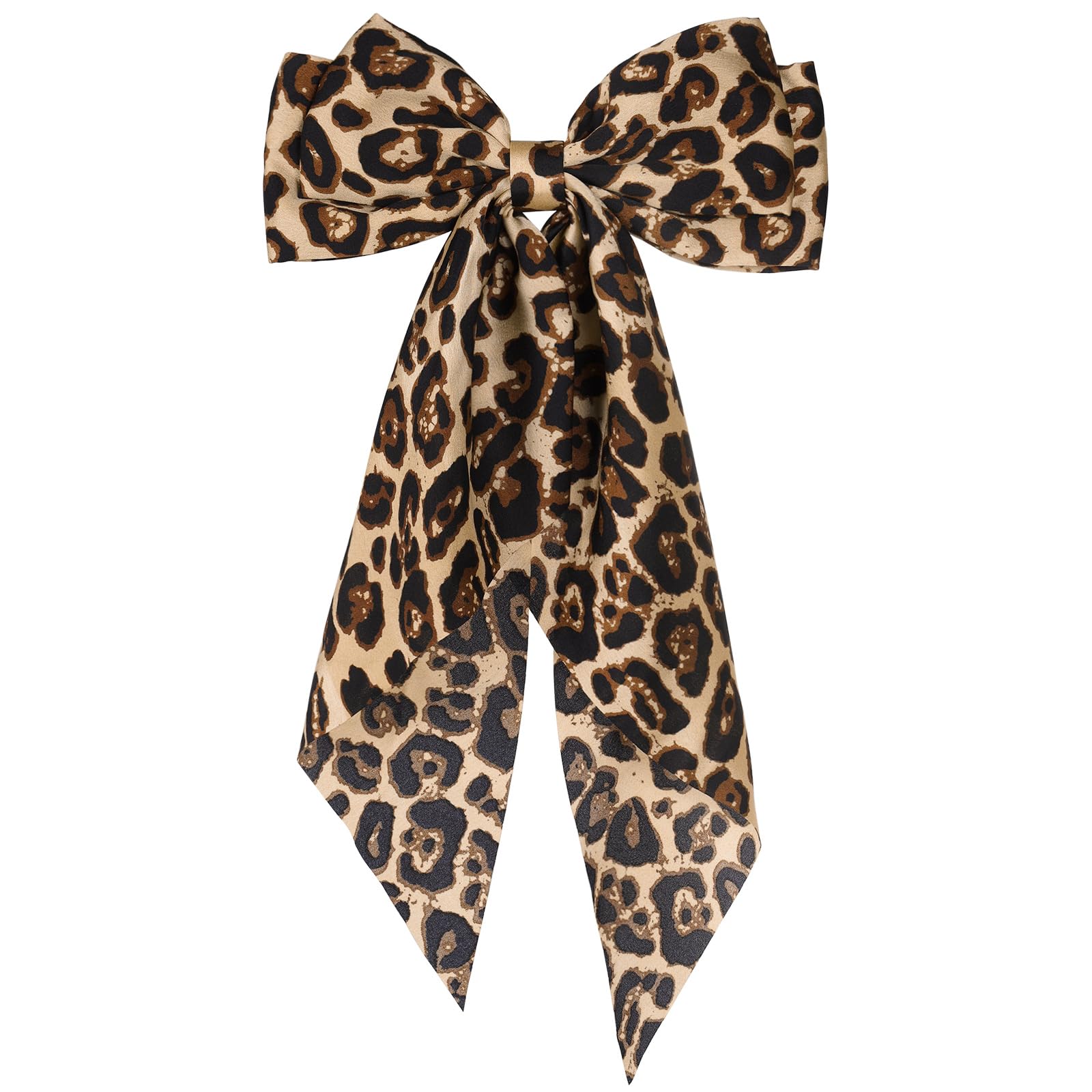 Large Leopard Hair Bow, Silky Satin Bowknot Hair Clip, Oversized Long Tail Hair Ribbon Barrette for Women Girls Ponytail Hair Accessories, Brown