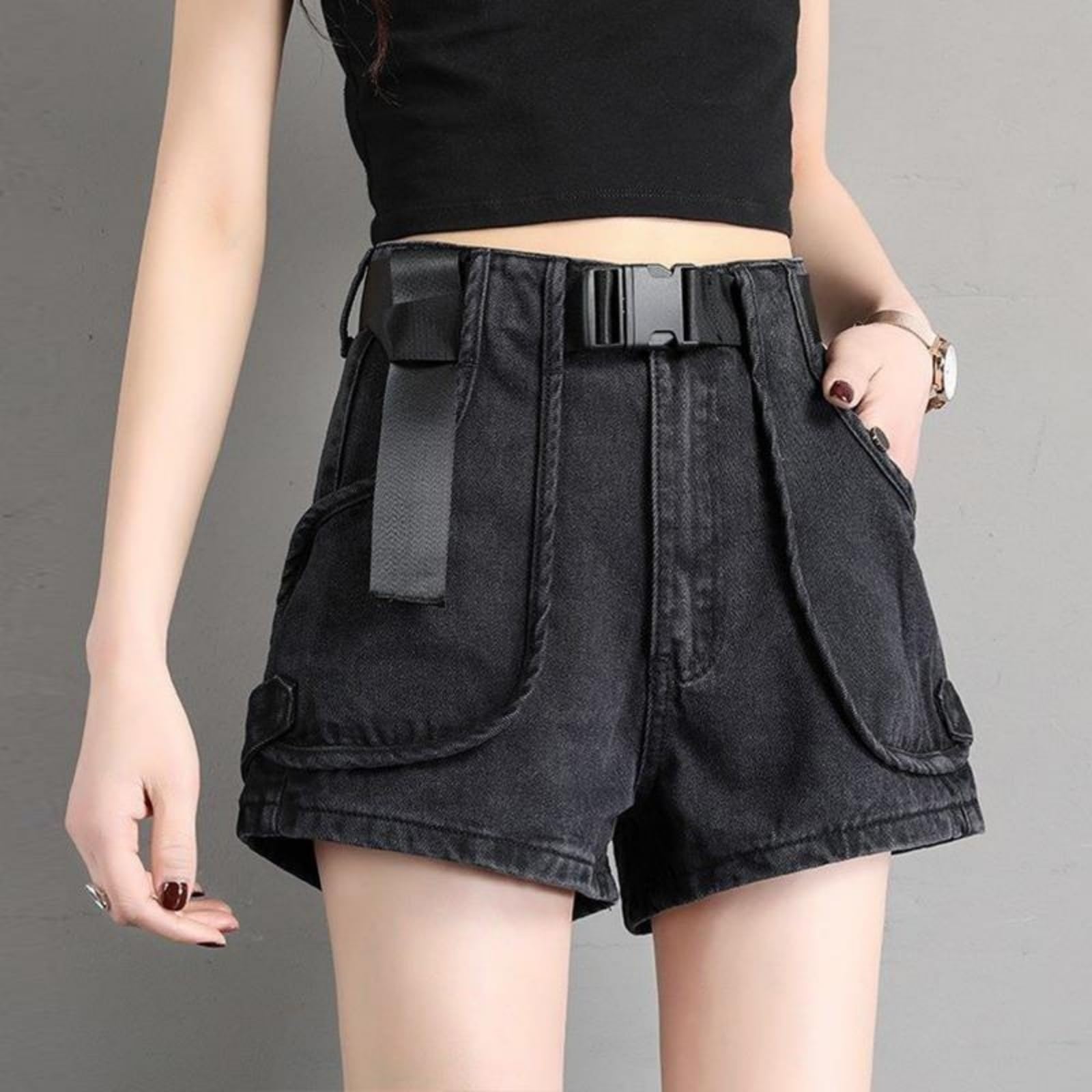 Shorts Jeans Donna Donne High Waist Denim Irregolare Frayed Raw Hem Distressed Punk A-Line Mini Hot Pants Estate-f02 Black-l