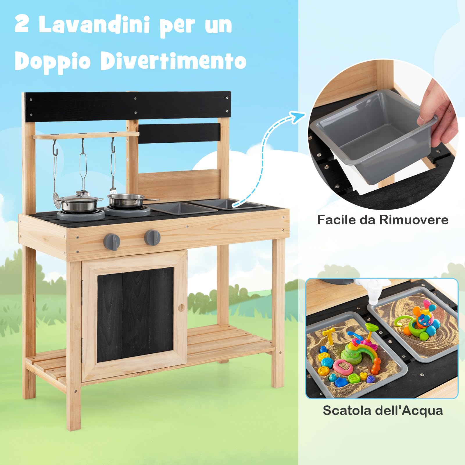 COSTWAY Cucina Giocattolo Bambini, Cucina da Esterno in Legno con 2 Lavandini Removibili, Piano Cottura e Utensili e Spazio di Archiviazione, 67 x 30 x 82 cm