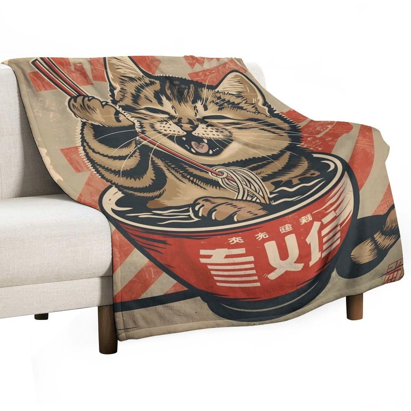 YHGSREUOH Cat-Eating-Ramen_01 Flannel Blankets Fleece Soft Throw Lightweight Plush Gifts for Couch, Bed, Cozy Sofa Plush, Chair, Lovers 150x200cm(60x80in)