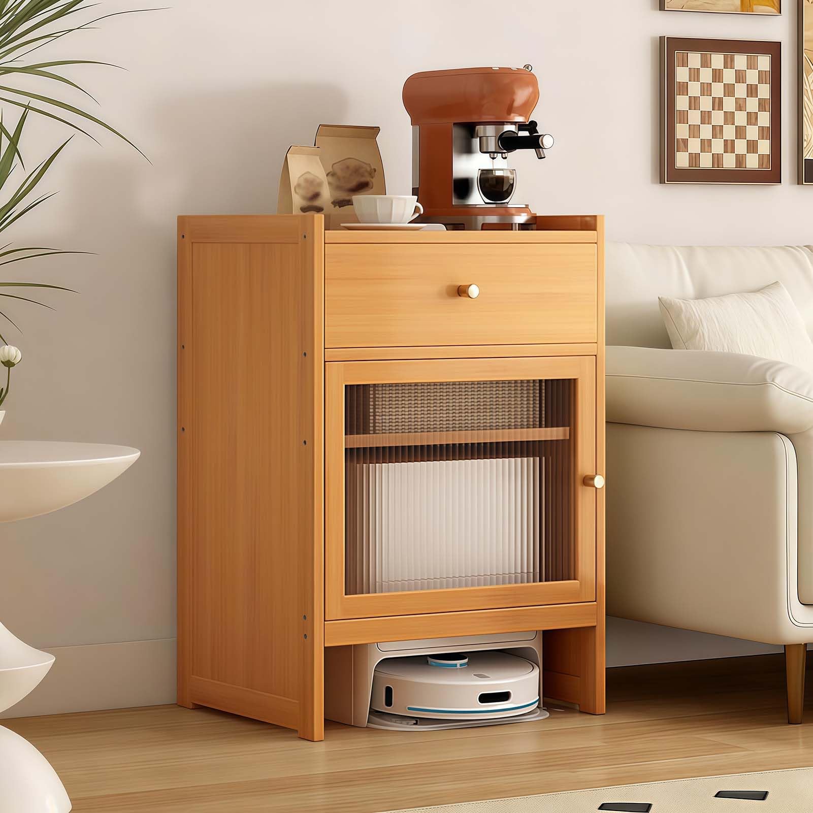 BHGFYXBS Robot Vacuum Stand Cabinet Freestanding Wooden Sto Rack With Doors & Ders Adjustable Shelves Versatile Side Table For Living Room Home Office & Kitchen,Natural,Natural