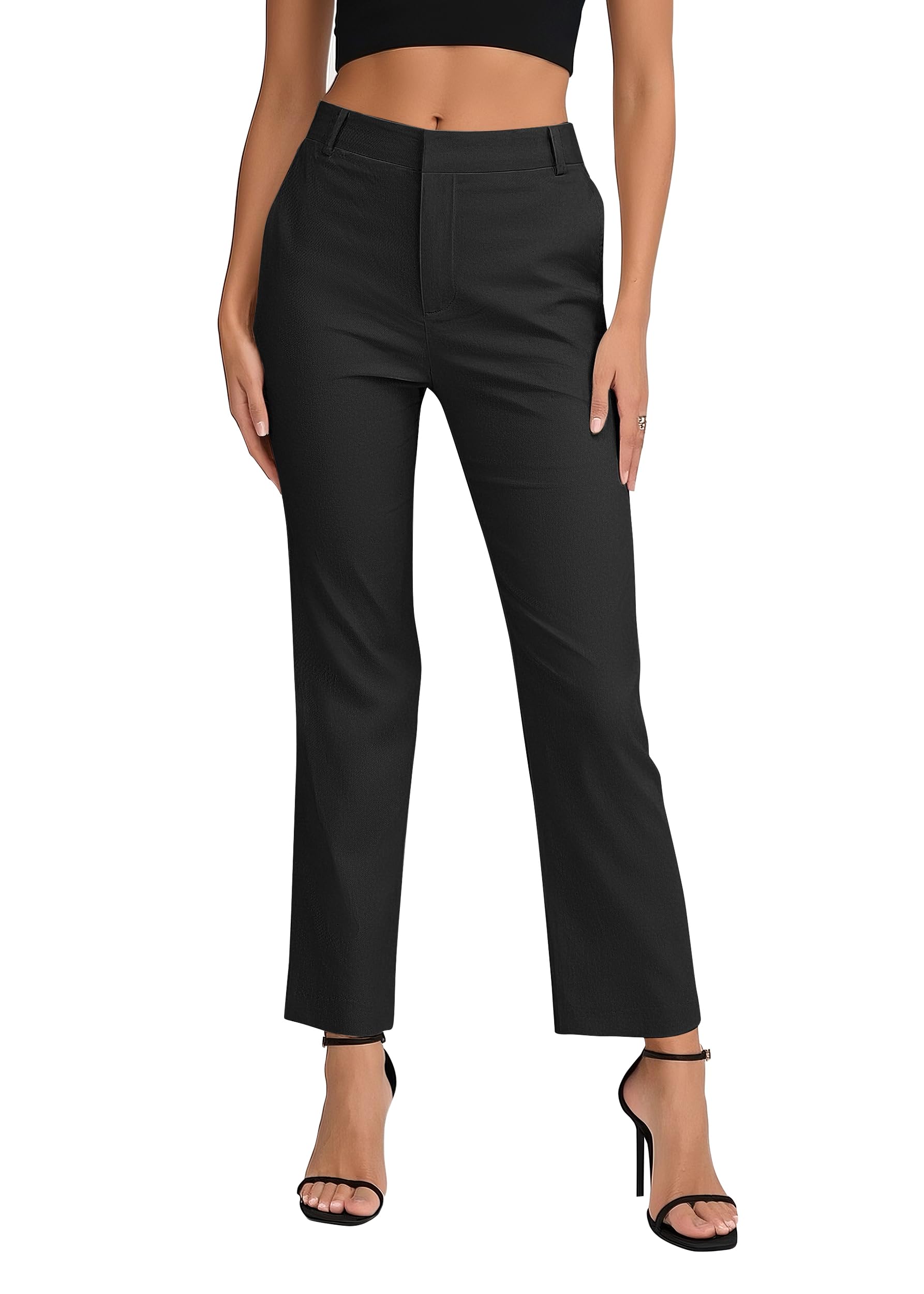 Womens Business Straight Leg Dress Pants Elastic Waist Zipper Closure Work Trousers with Pockets