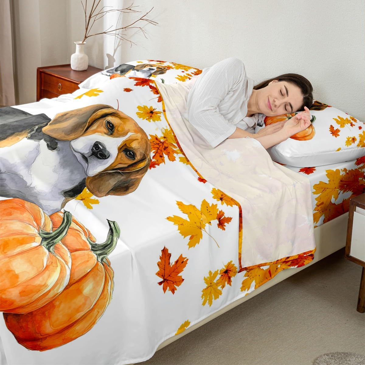 Fall Pumpkin Sheet Set Retro Watercolor Sausage Dog Fitted Sheet Twin Thanksgiving Harvest Seasonal Bed Sheets for Kids