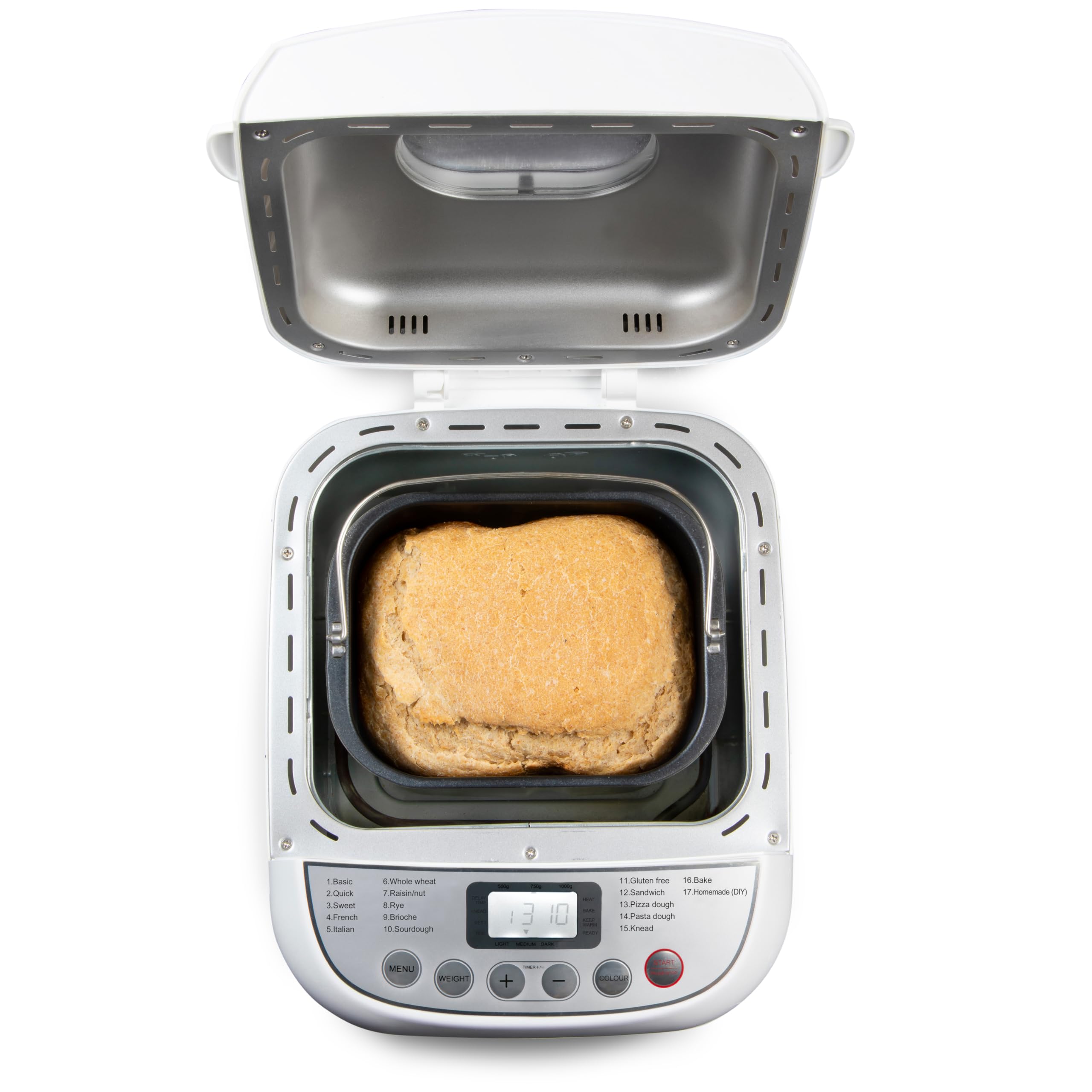DOMO B3976 Machine à pain – 17 programmes de cuisson (dont Pizza et Sans gluten) – 3 tailles de pain (500 g, 750 g, 1000 g) – Sans PFAS – Avec minuterie – Écran LCD – Blanc