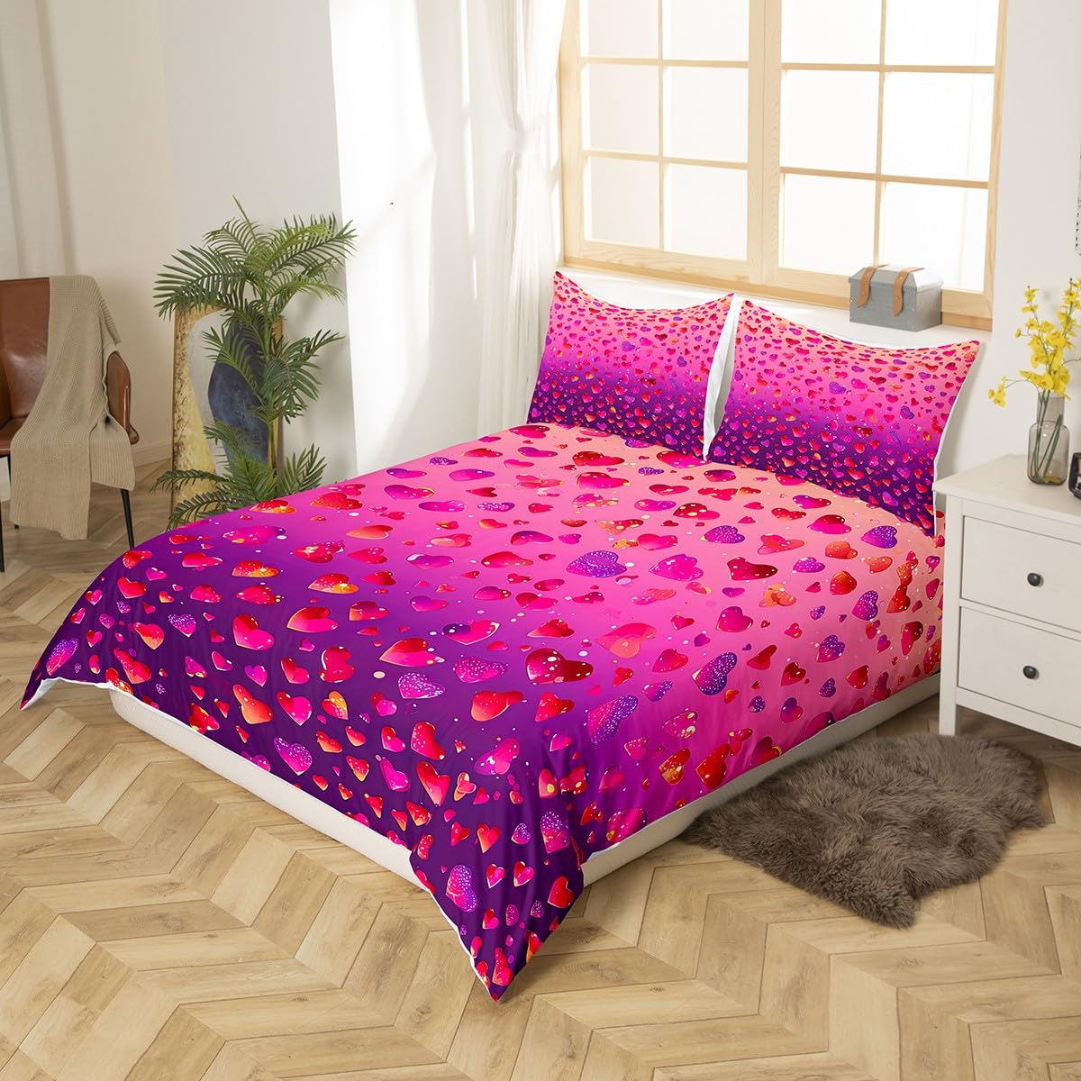 Heart Pattern Bedding Set King Size Heart-Shaped Rose Flower Petal Comforter Cover for Kids Child,Golden Loving Heart Duvet Cover Romantic Floral Quilt Cover Pink Red Purple Gradient Bedroom Decor