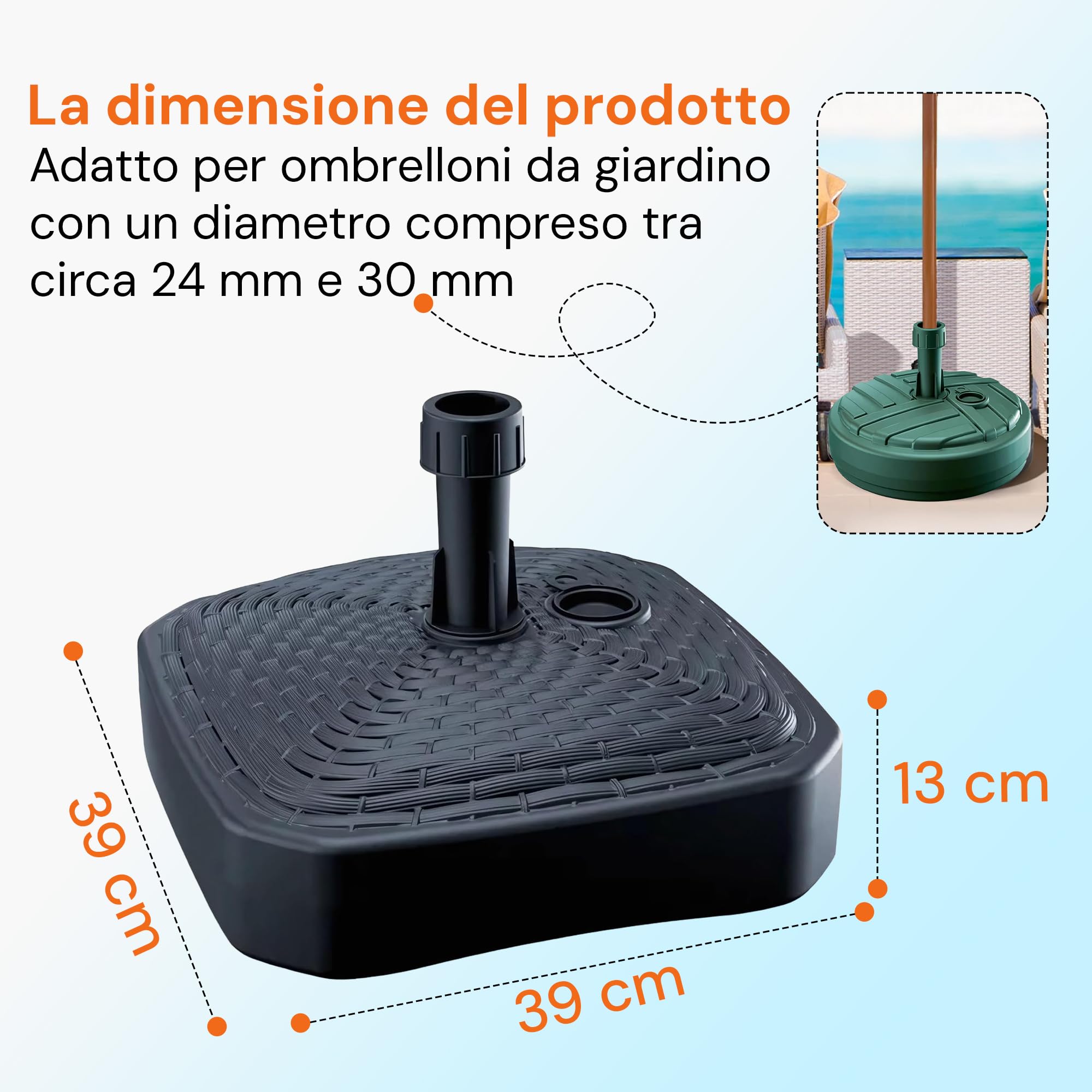 GARDENIX Base per ombrellone, Rotondo, Bianco, Effetto Rattan, in plastica, riempibile con Sabbia, Acqua, Ghiaia in Giardino, Spiaggia, terrazzo, portaombrelli