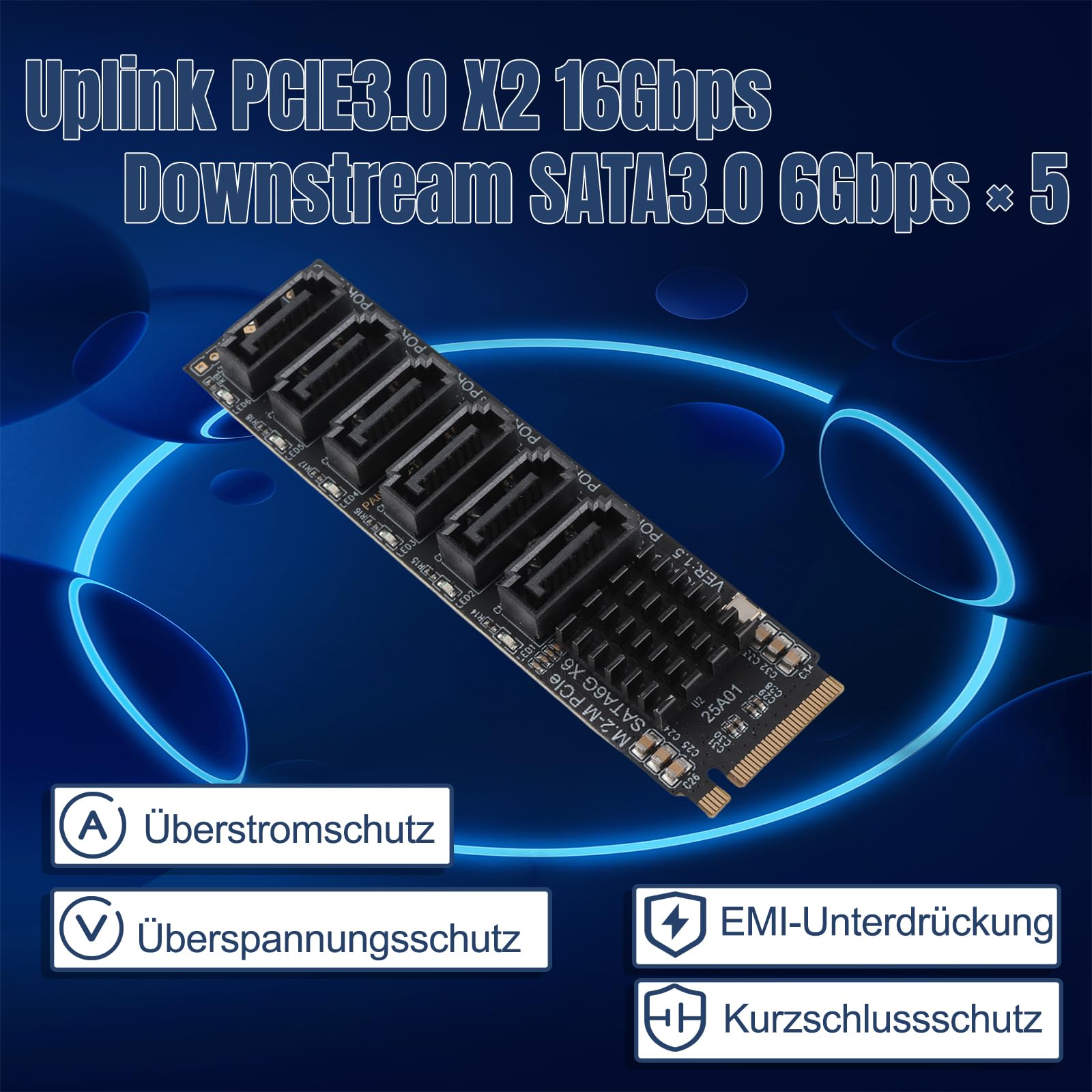 M.2 auf SATA3.0, Erweiterungskarte, 6 PortsSATA 3.0 Controller PCIe Erweiterungskarte für ASM1166 Chip, Adapterkarte PCIE3.0 X2 16 Gbit/s, SATA3.0 6 Gbit/s X 5 Unterstützt 6 SATA Geräte